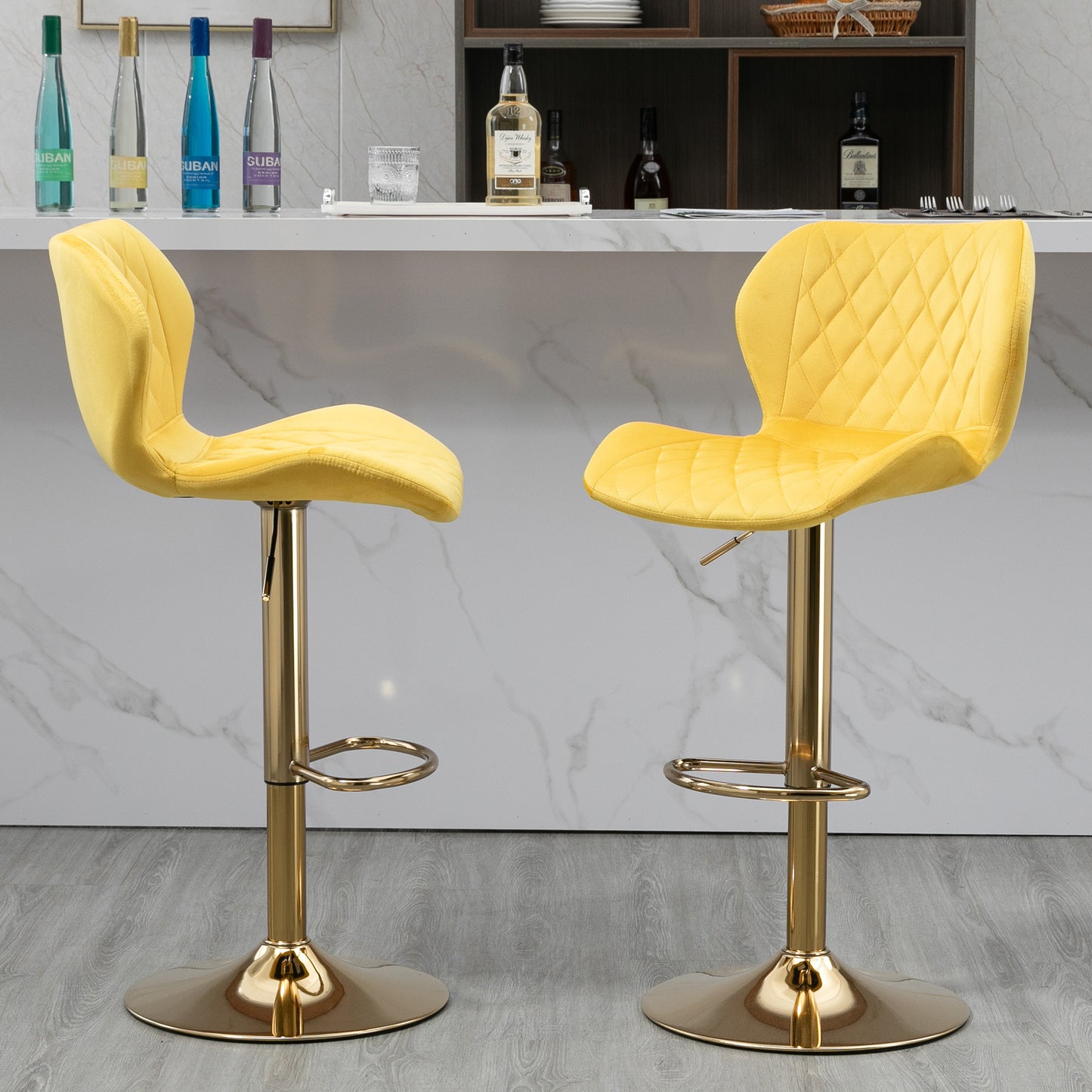 Yellow Velvet Adjustable Swivel Bar Stool Set of 2