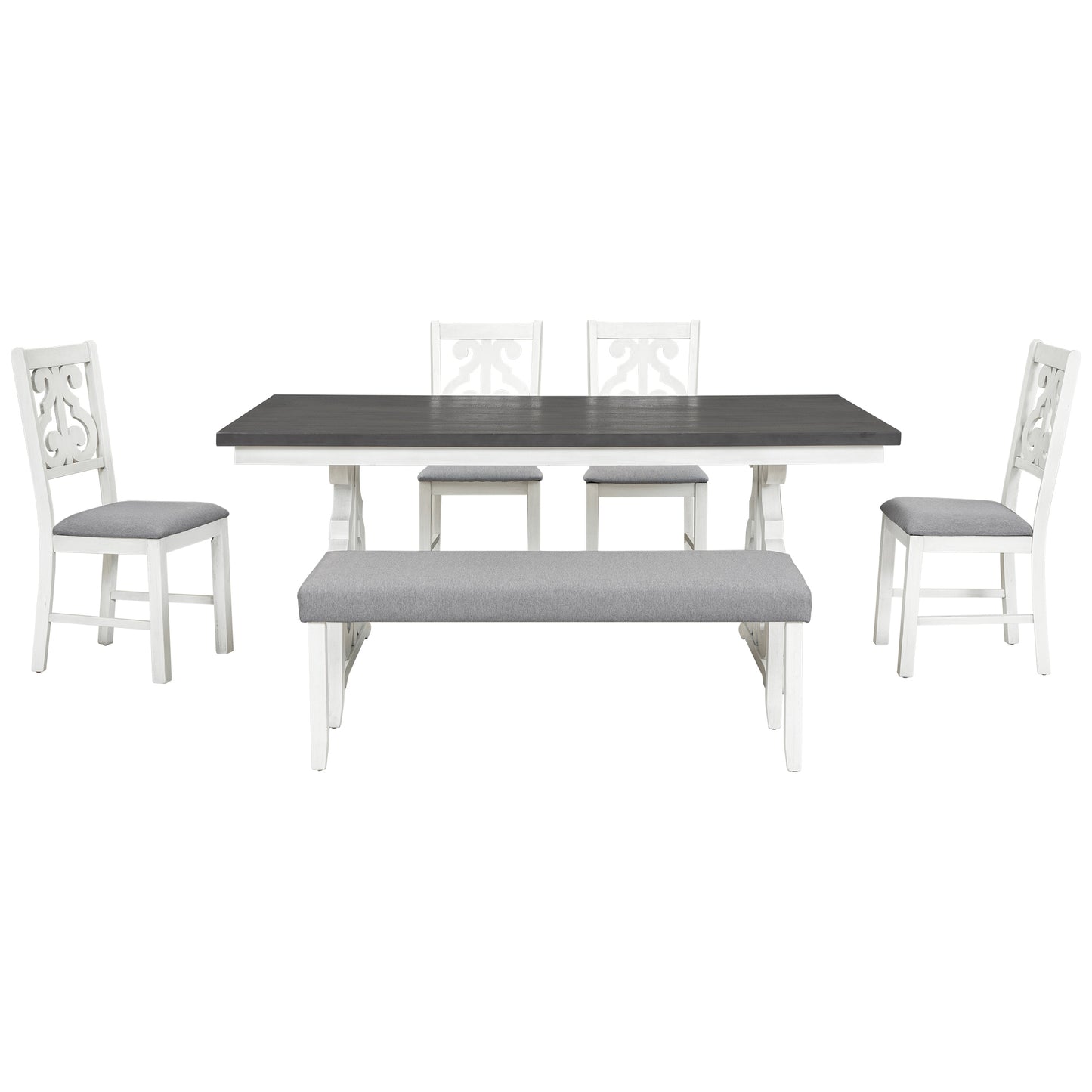 Farmhouse Rectangular Dining Table with Chairs and Bench (Gray+White)