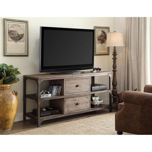 ACME Gorden TV Stand in Weathered Oak & Antique Silver