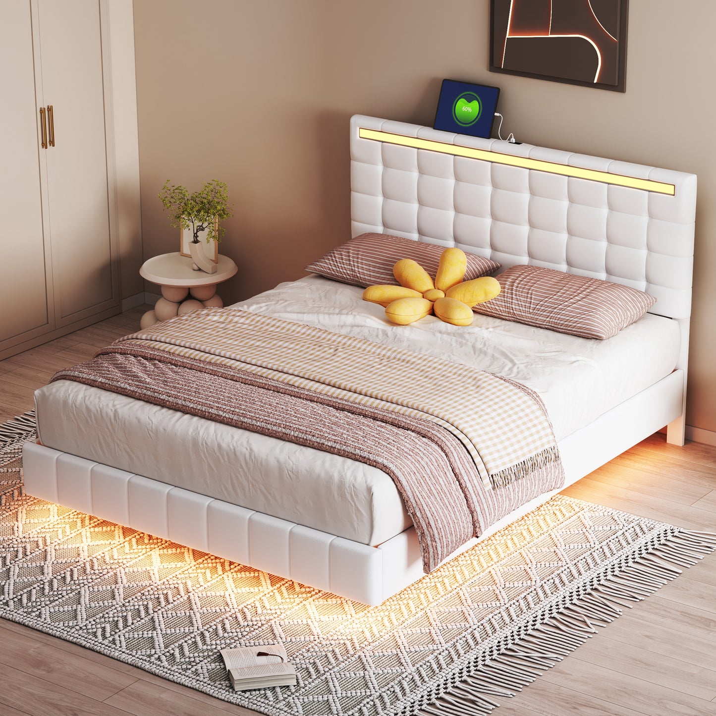 Queen Size Floating Bed Frame with LED Lights and USB Charging