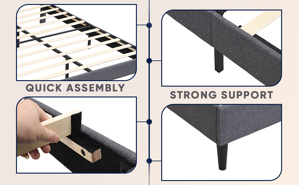 Queen Size Platform Bed Frame with Fabric Upholstered Headboard