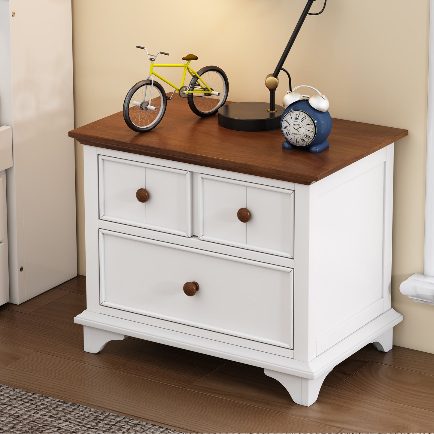 Wooden Captain Two-Drawer Nightstand Kids Night Stand  End Side Table for Bedroom, Living Room, Kids' Room, White+Walnut