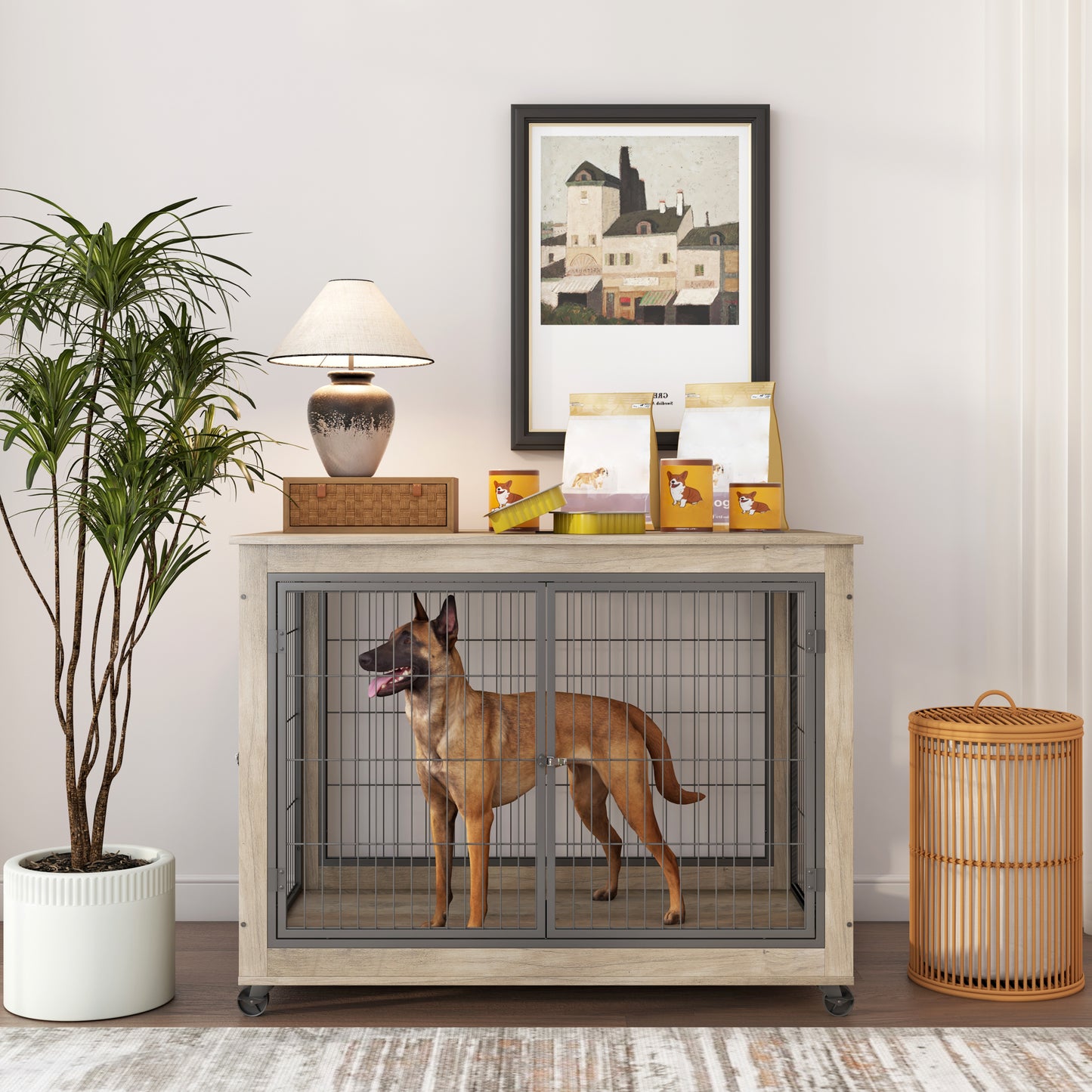 Furniture Style Dog Crate Side Table on Wheels