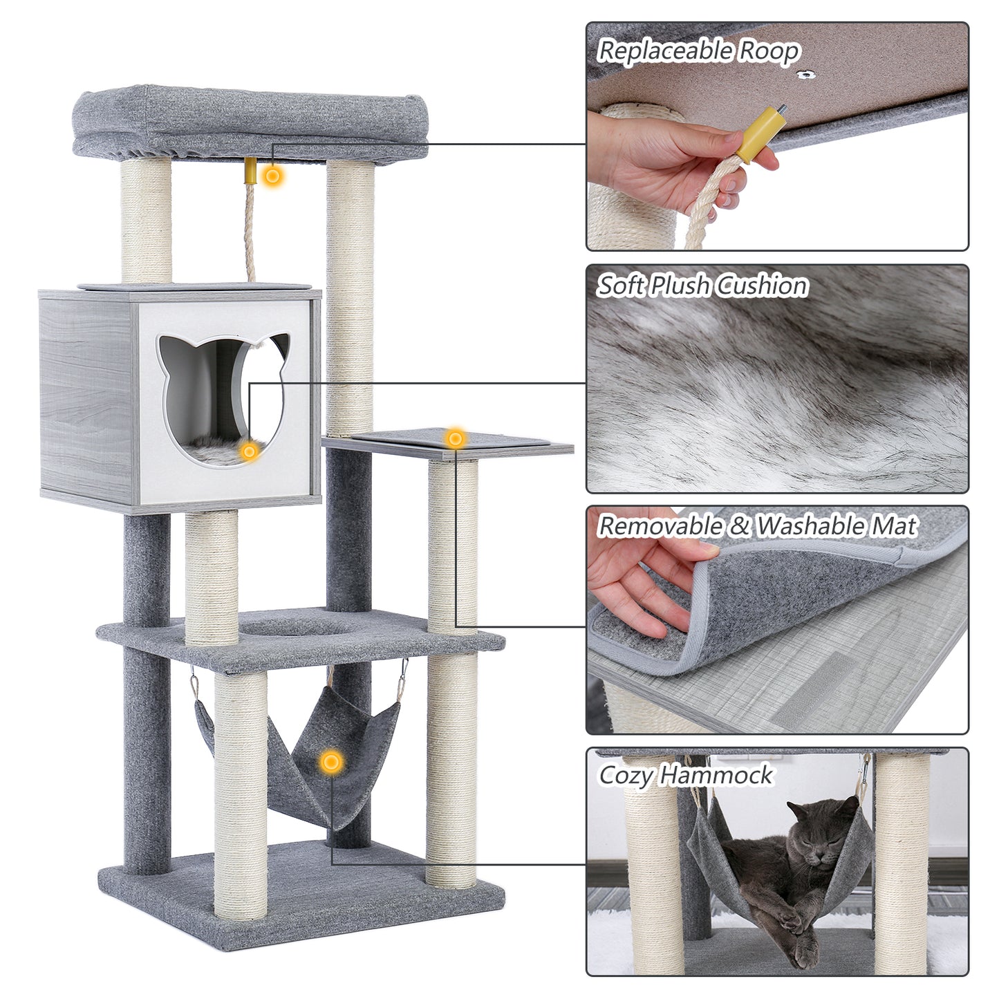 Cat Tree 52 Inches Multi-Level Wooden Cat Tower with Hammock and Scratching Posts- Grey