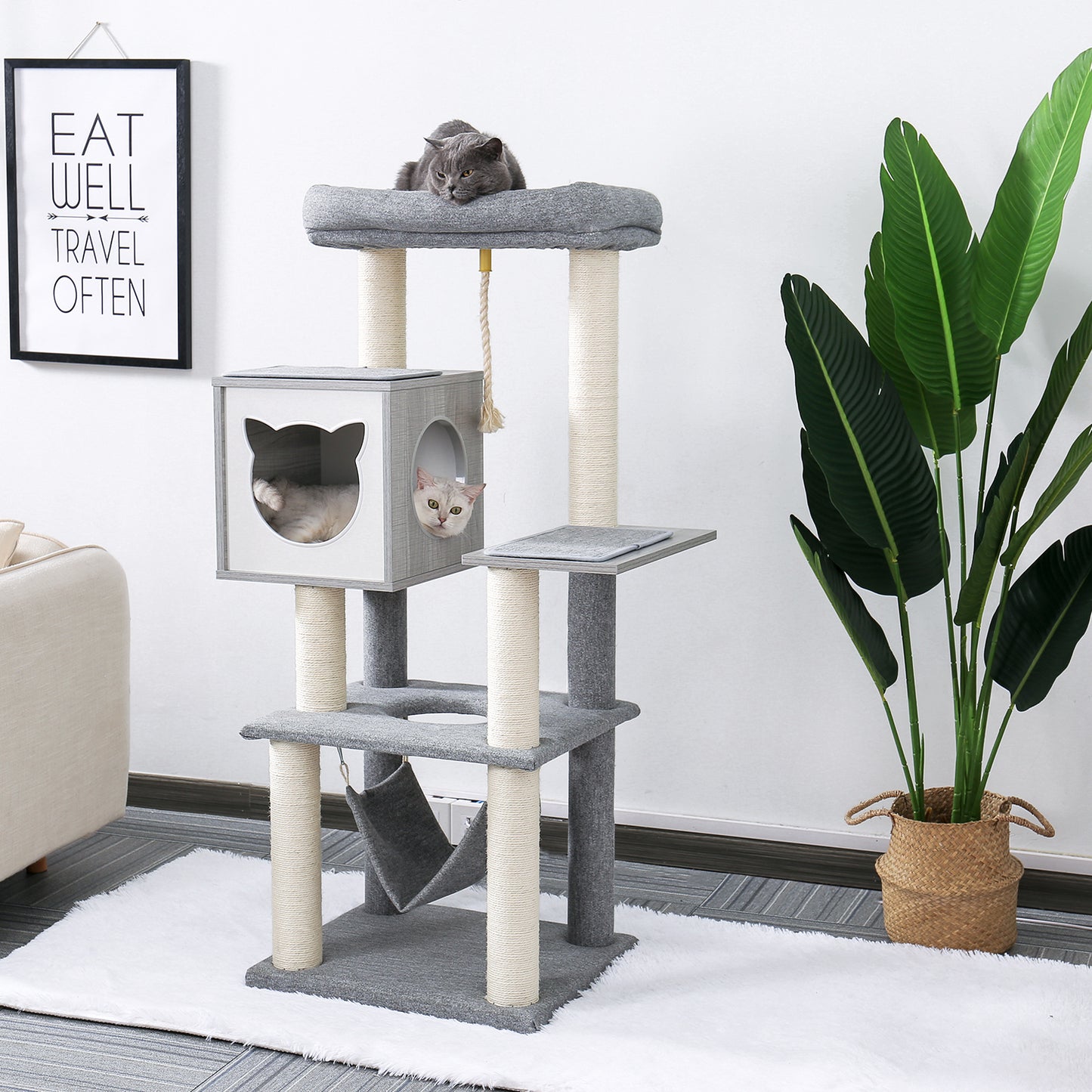 Cat Tree 52 Inches Multi-Level Wooden Cat Tower with Hammock and Scratching Posts- Grey