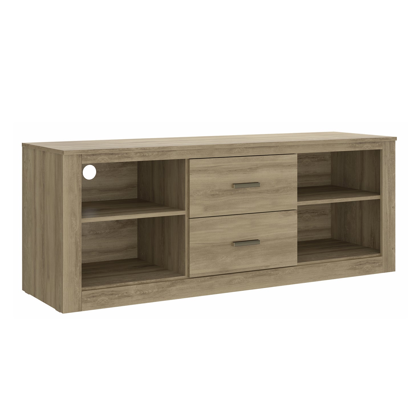 59 Inch Wooden TV Stand with 2 Drawers and 4 Open Compartments, Oak Brown