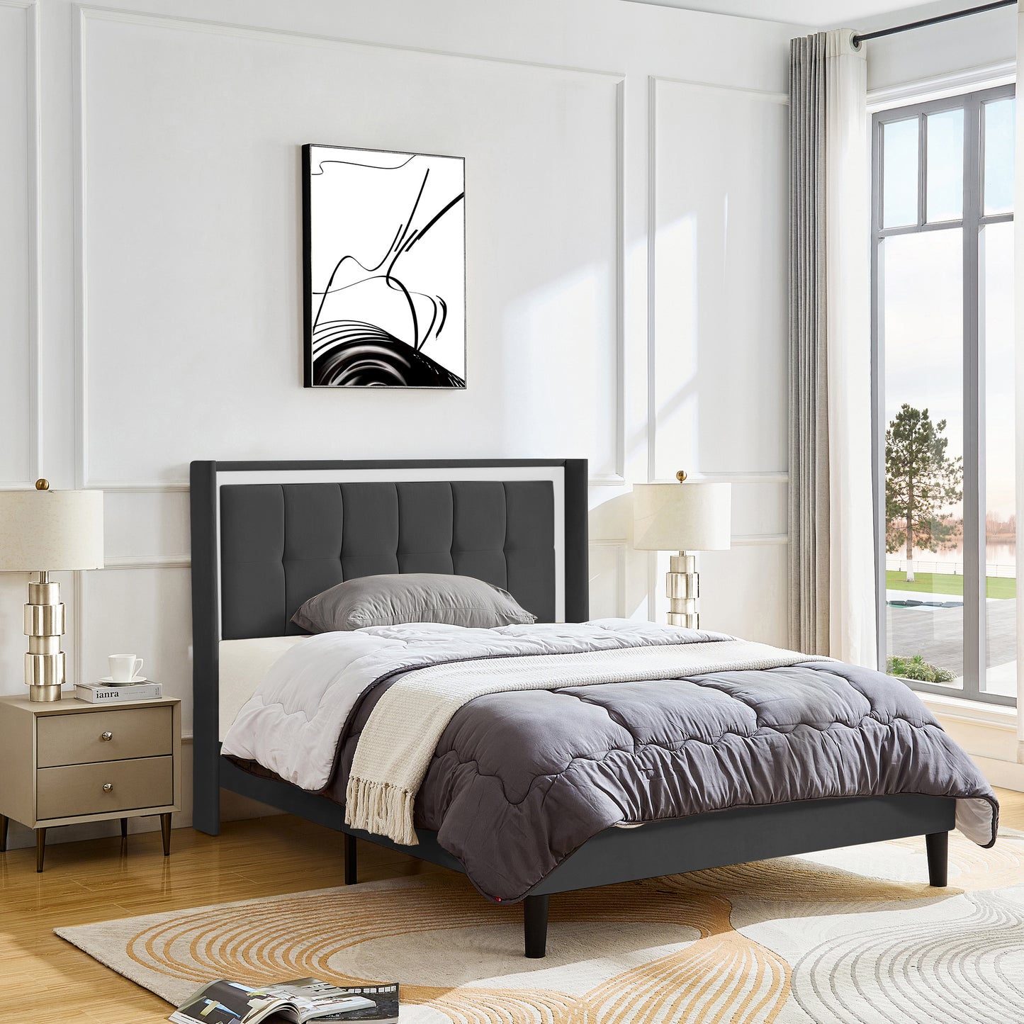 Queen Size Upholstered Platform Bed Frame- Dark Gray