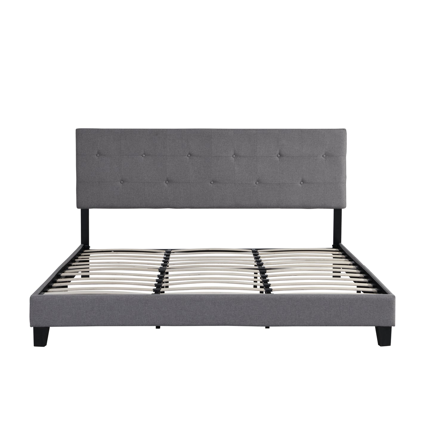 King Size Upholstered Platform Bed Frame with Button Tufted Linen Fabric Headboard=Gray