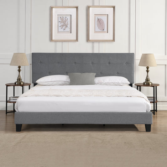 King Size Upholstered Platform Bed Frame with Button Tufted Linen Fabric Headboard=Gray