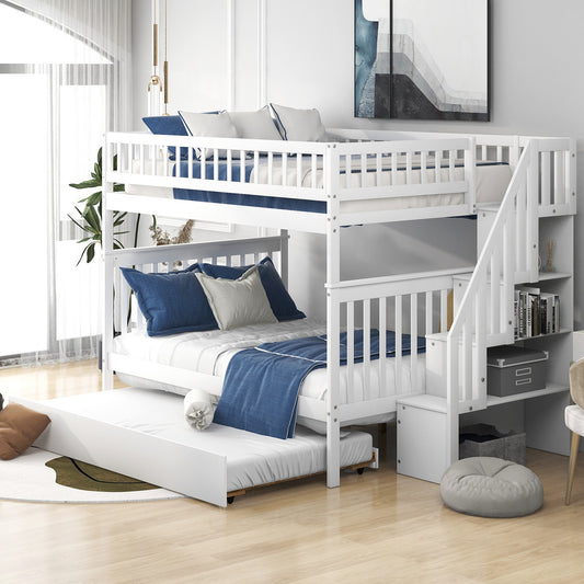 White Full over Full Bunk Bed with Trundle and Staircase