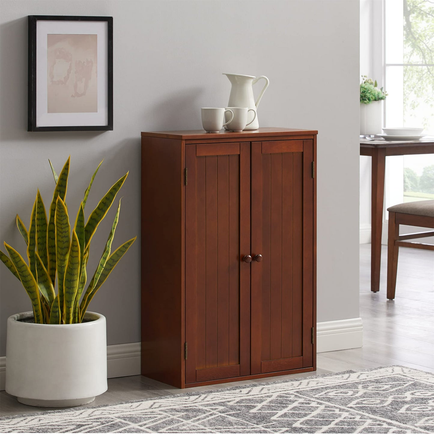 Bathroom Storage Cabinet Freestanding Wooden Floor Cabinet with Adjustable Shelf and Double Door Walnut