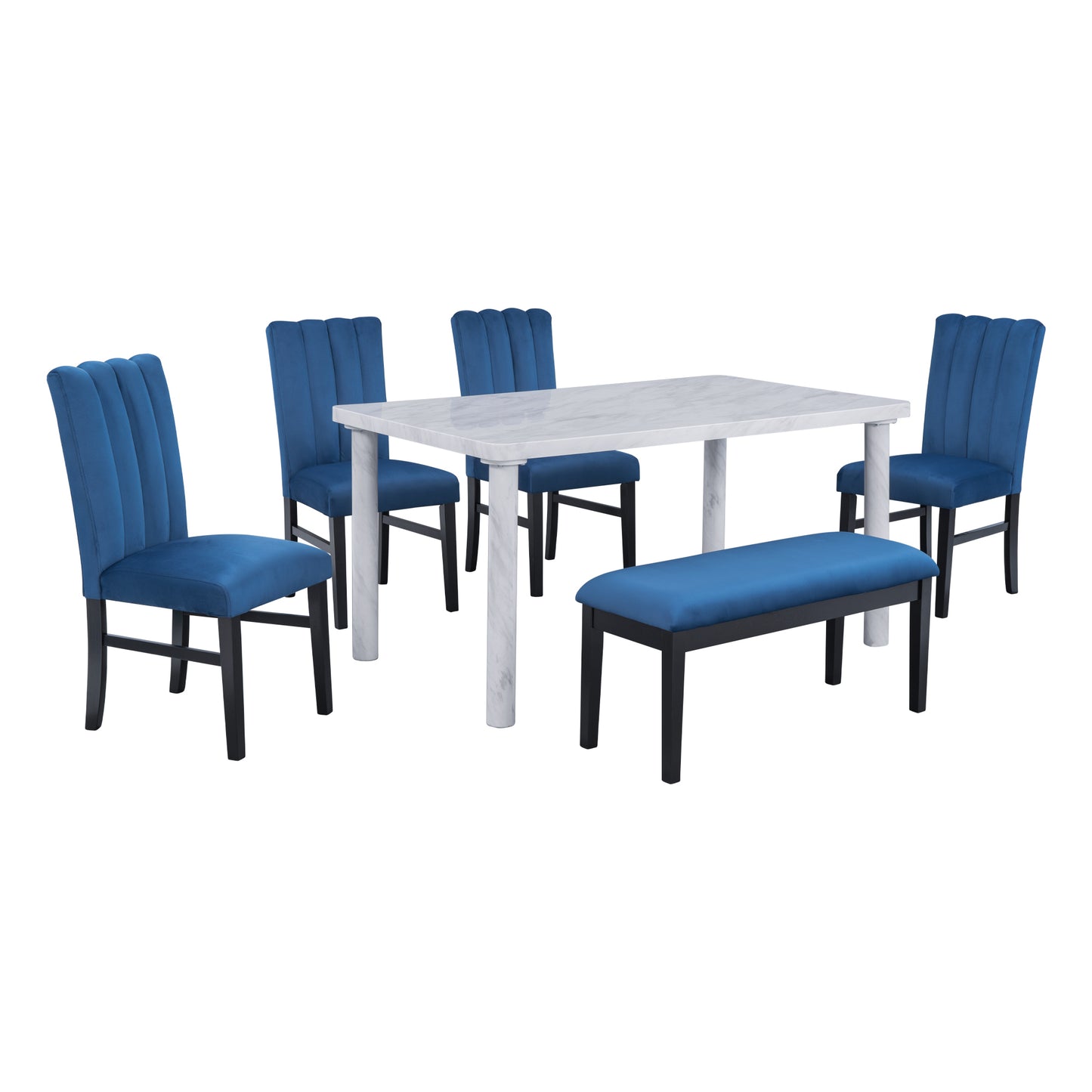 6-Piece Dining Table Set with Marble Veneer (White+Blue)