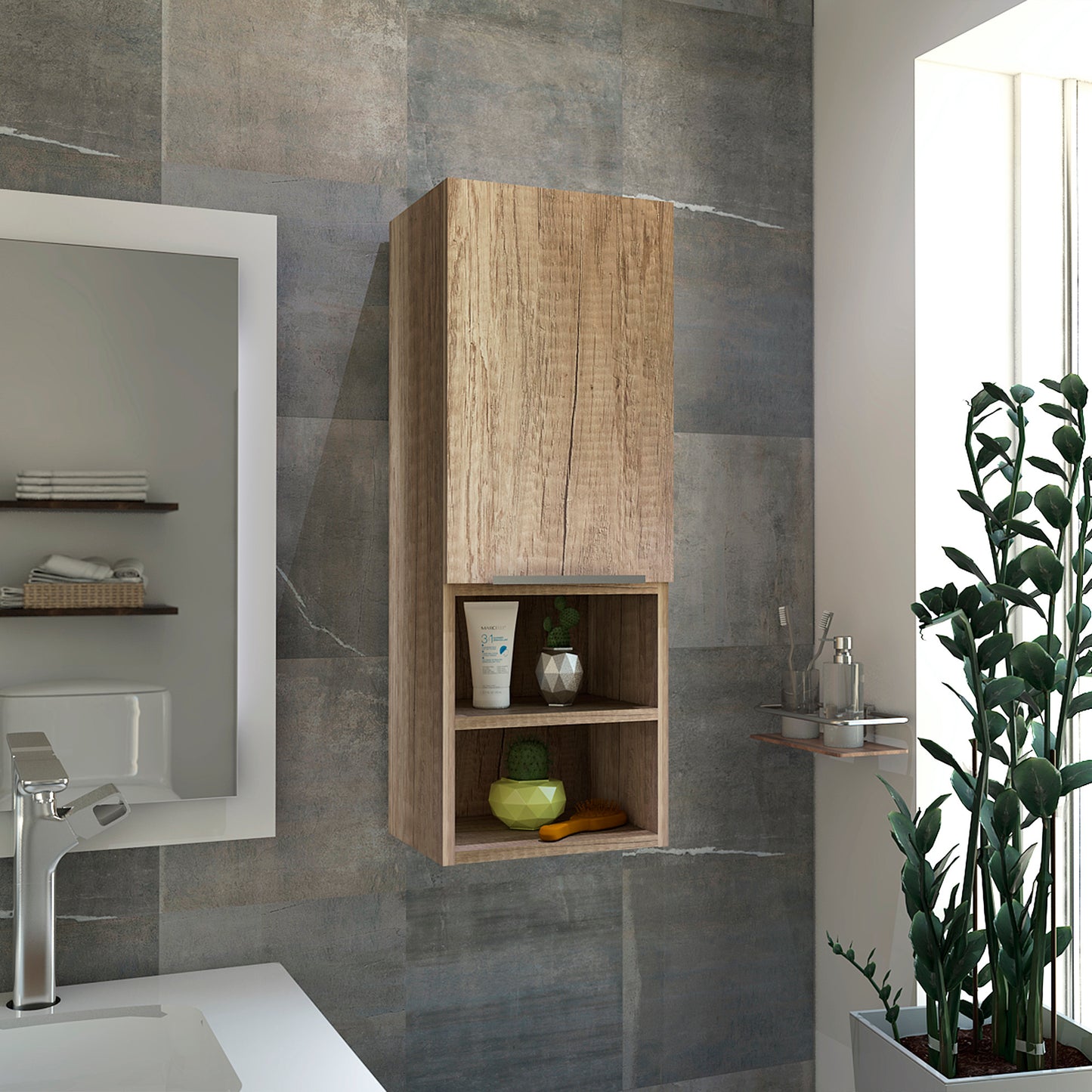 Mila Bathroom Cabinet, Two Interior  Shelves, Two External Shelves, Single Door Cabinet -Pine