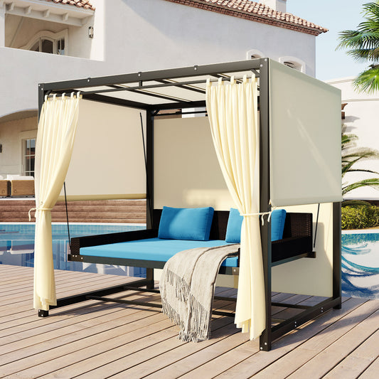[VIDEO provided]U_Style 2-3 People Outdoor Swing Bed,Adjustable Curtains,Suitable For Balconies, Gardens And Other Places