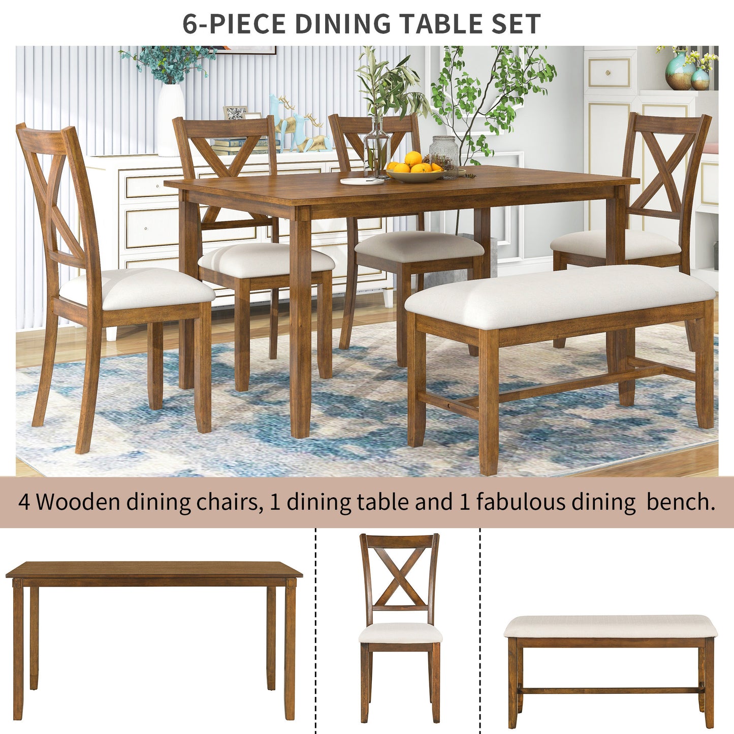 6-Piece Kitchen Dining Table Set Wooden Rectangular Dining Table