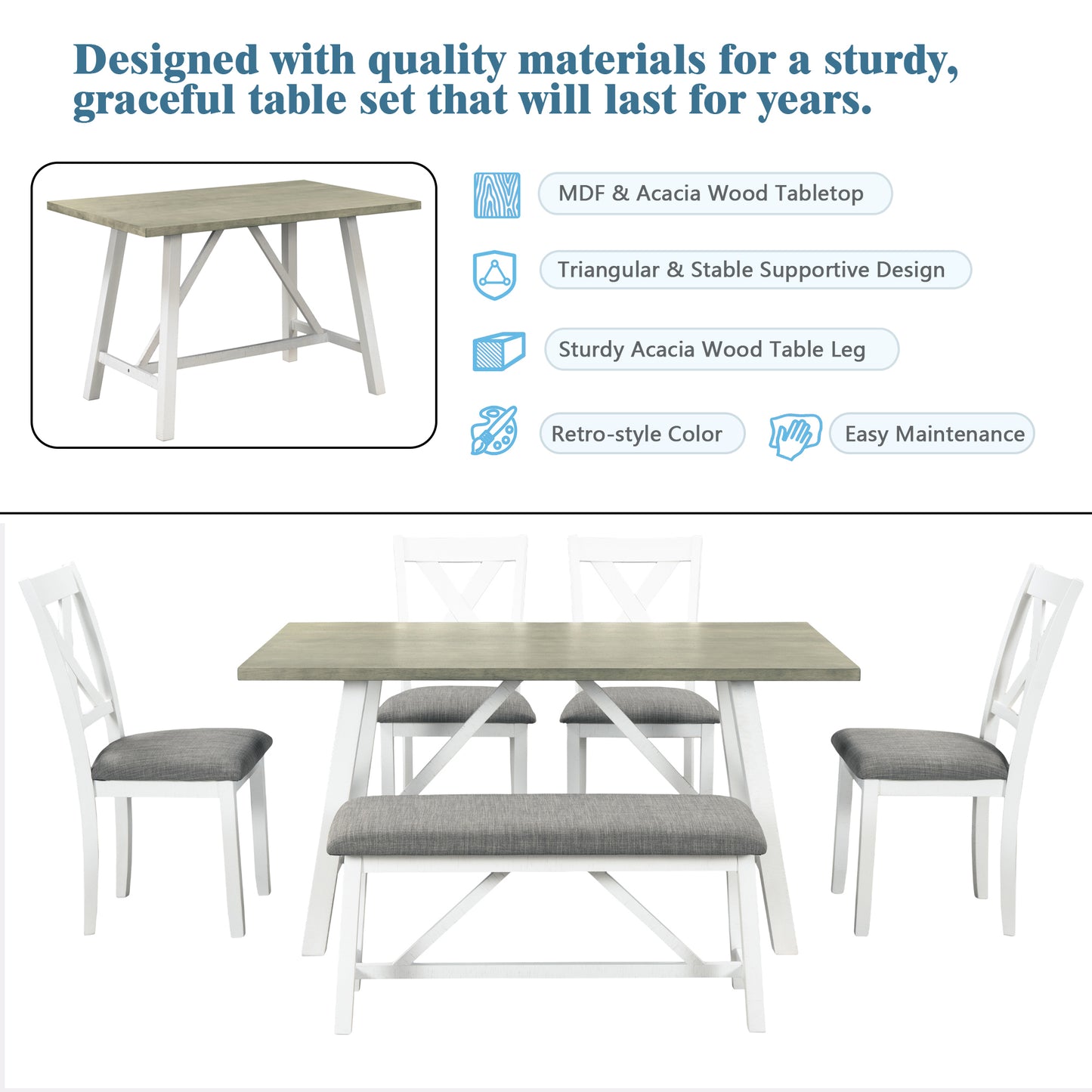 6 Piece Dining Table Set Rustic Style,White+Gray