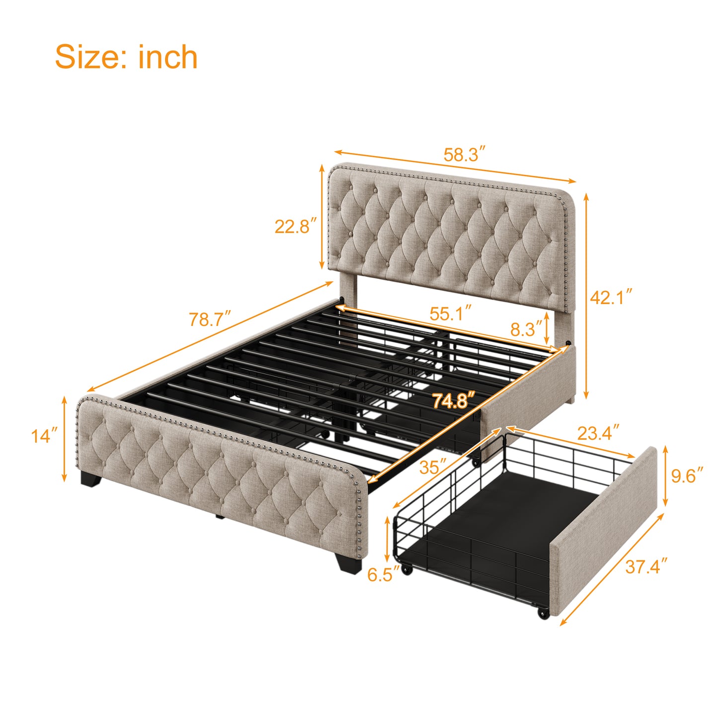 Upholstered Platform Bed Frame with Four Drawers Beige, Full