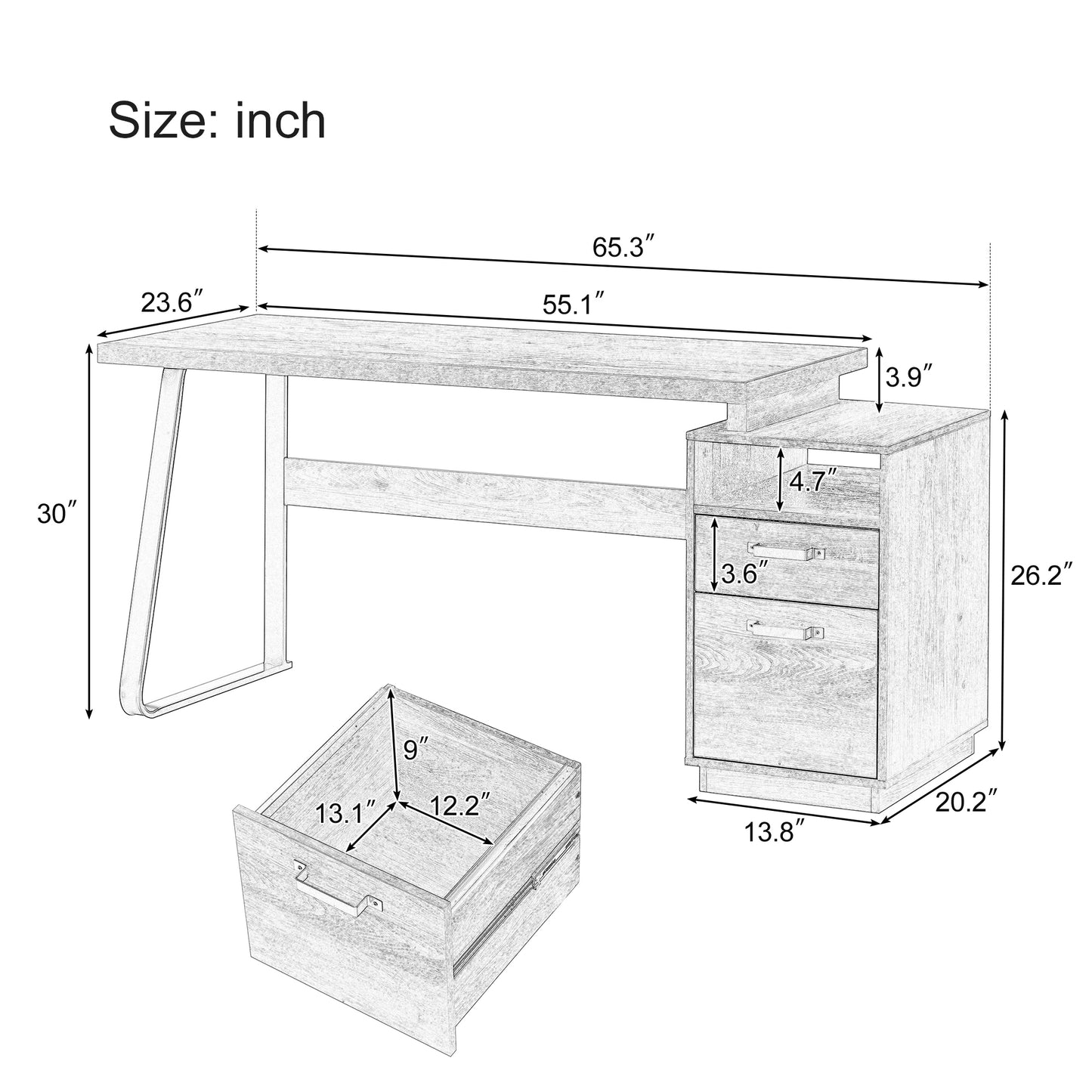 Home Office Computer Desk with Drawers, 65in