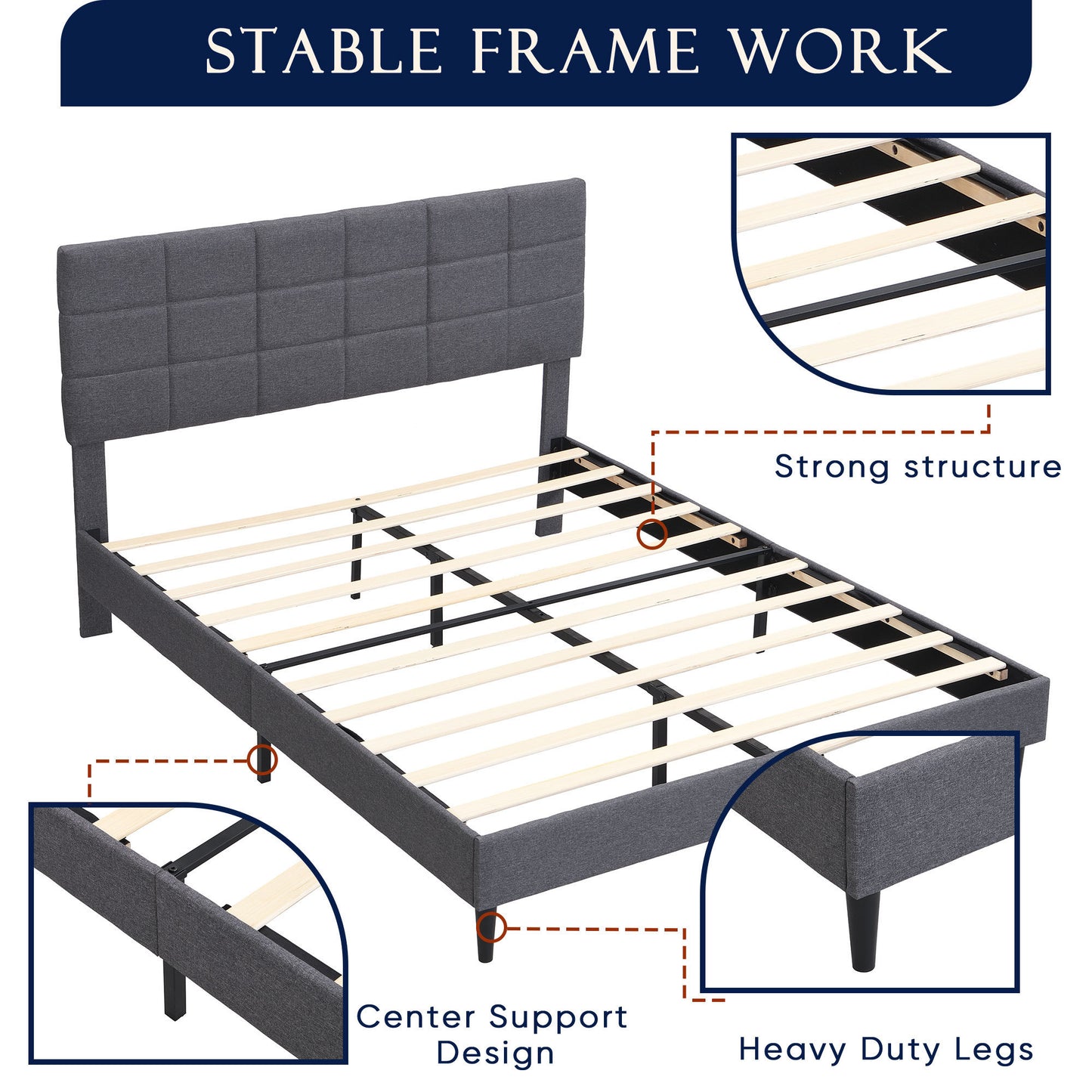 Queen Size Platform Bed Frame with Fabric Upholstered Headboard