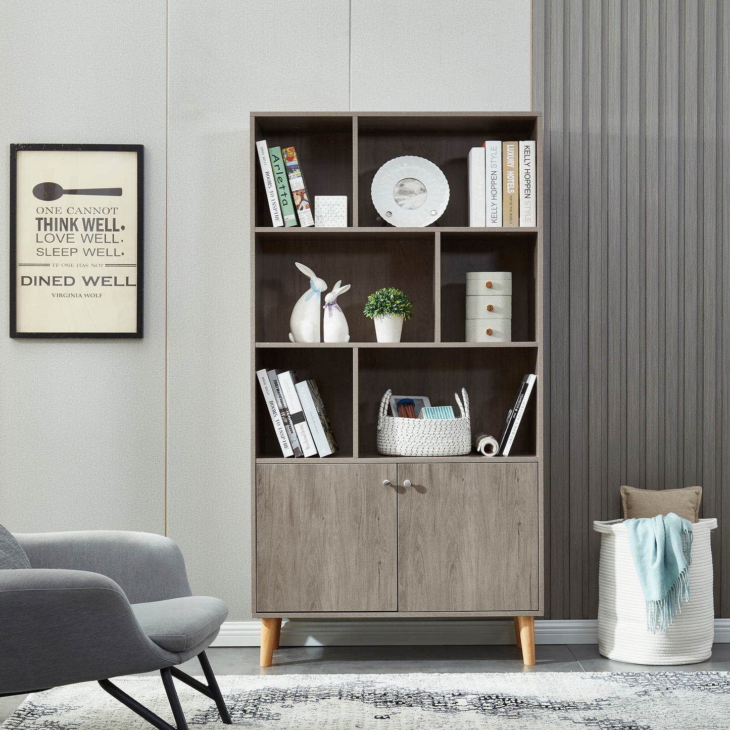 Morestone Bookcase with Doors, Gray Oak