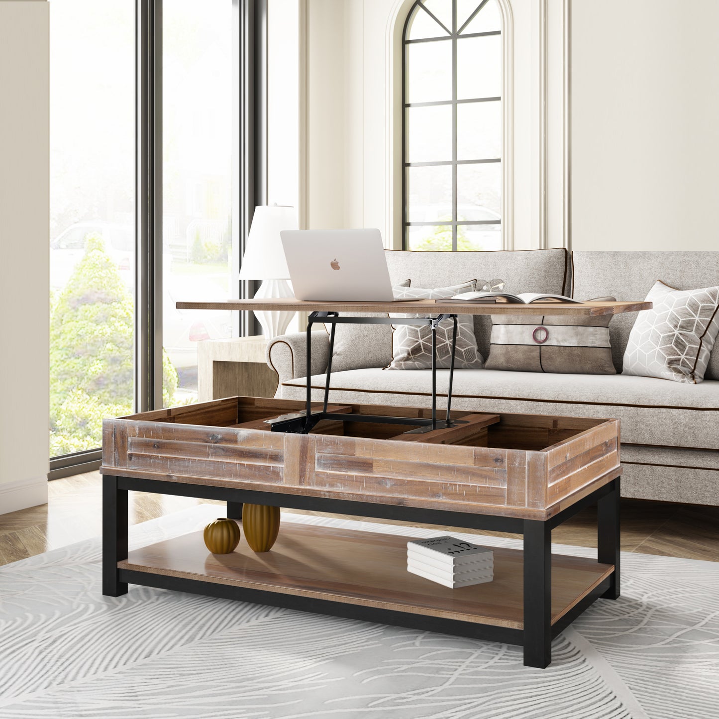 U-style Lift Top Coffee Table with Inner Storage