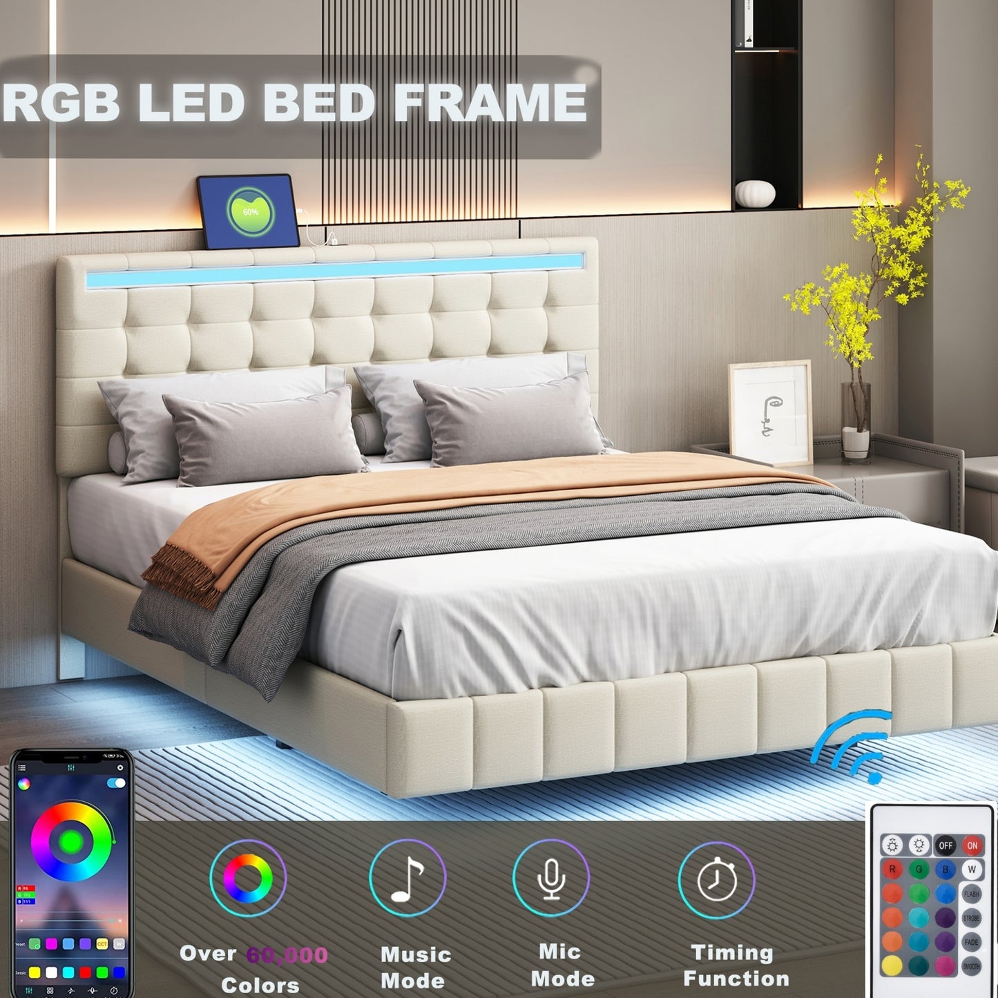 Queen Size Floating Bed Frame with LED Lights and USB Charging