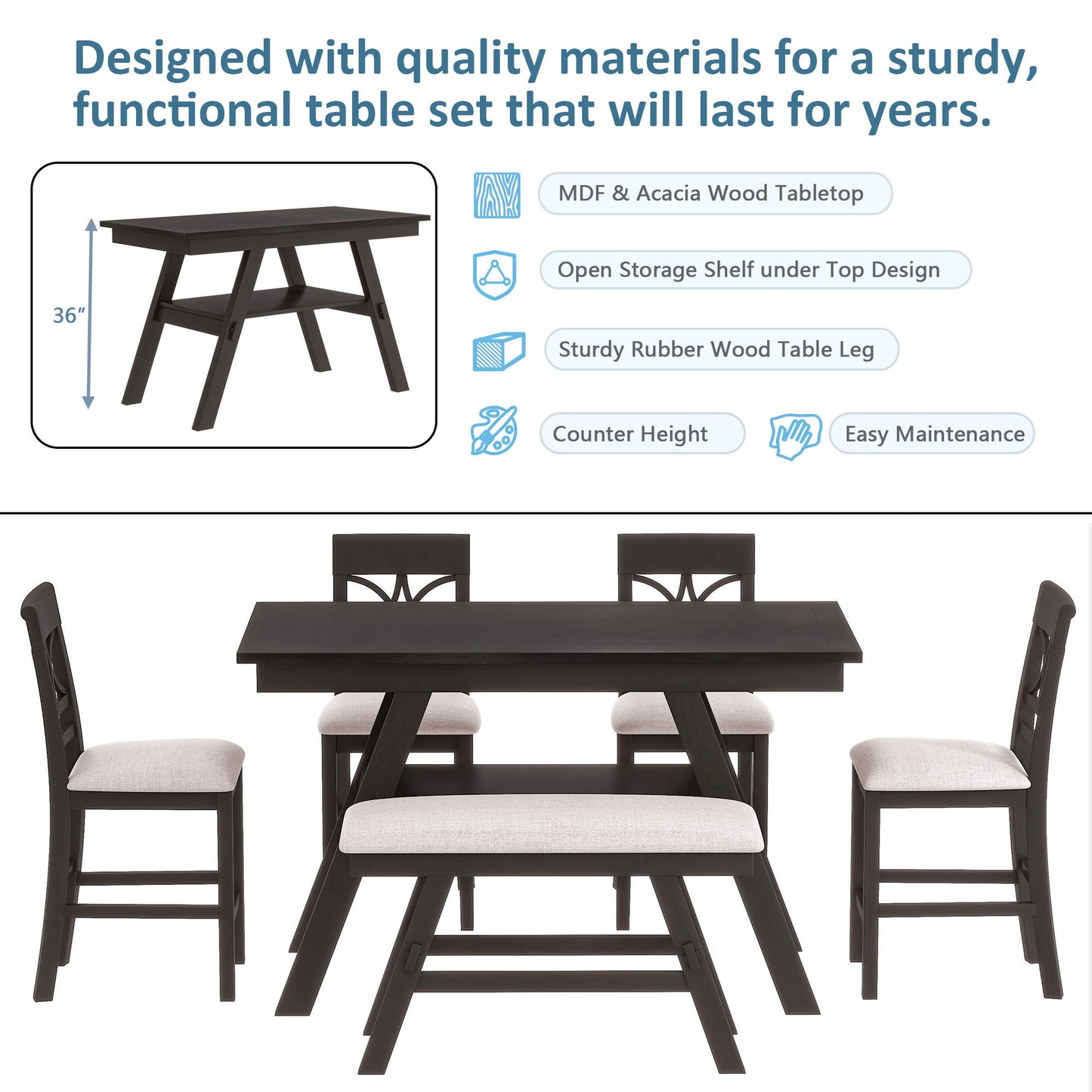 6-Piece Wood Counter Height Dining Table Set with Storage Shelf Espresso+Beige Cushion