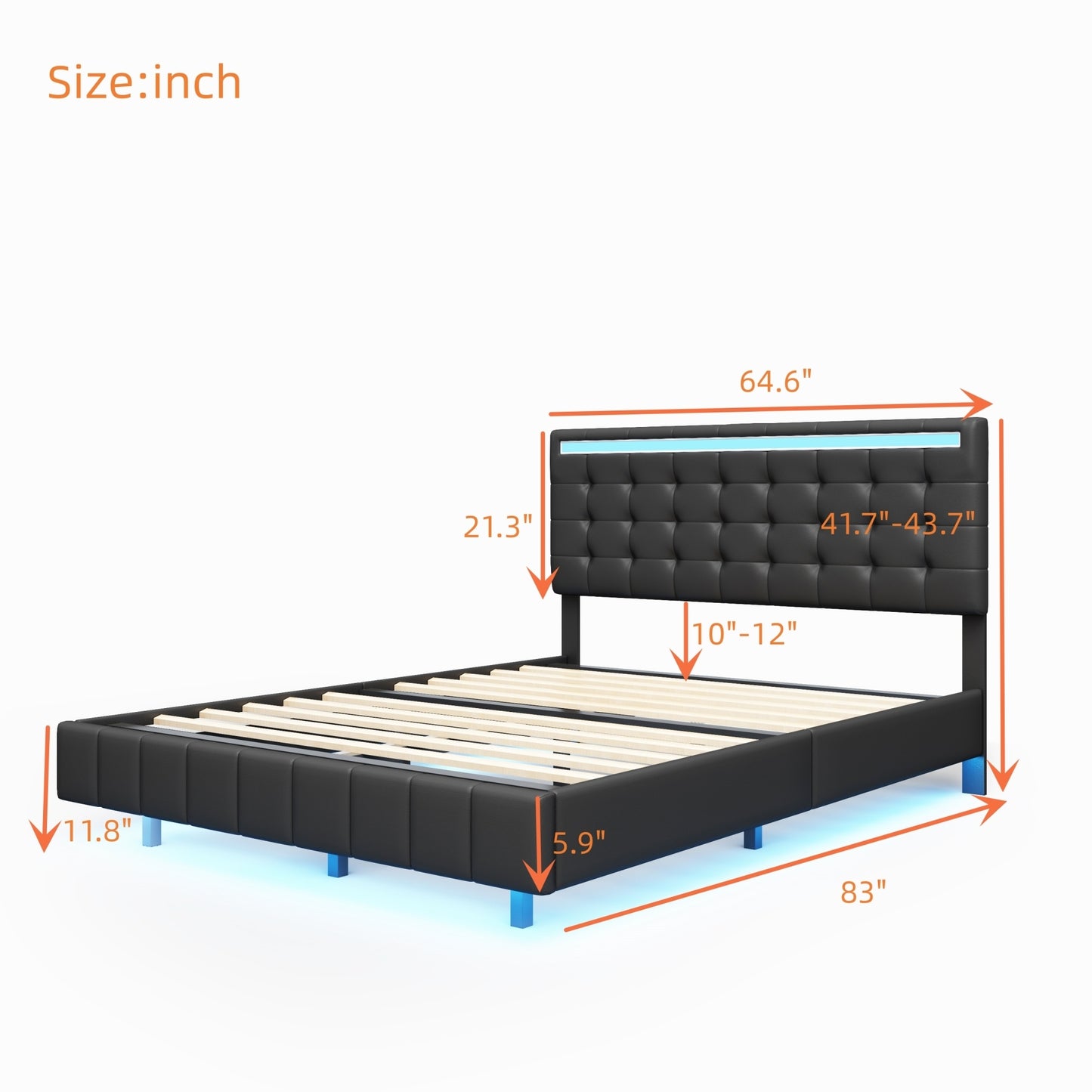 Modern Upholstered Platform LED Bed Frame,Black- Queen