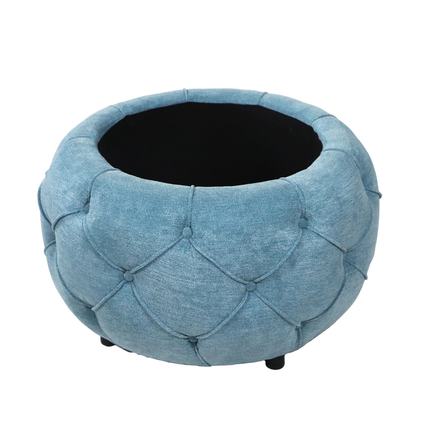 Button Tufted Round Storage Ottoman, Burlap Blue