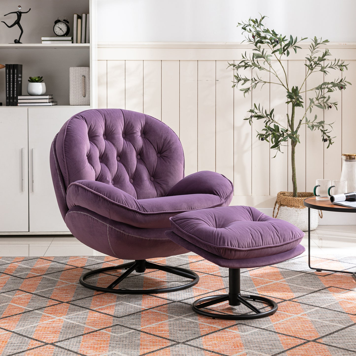 Velvet Swivel Accent Chair with Ottoman, Purple