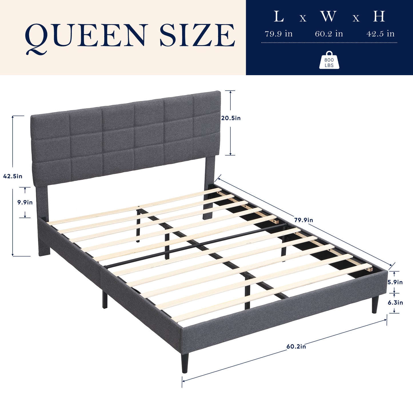 Queen Size Platform Bed Frame with Fabric Upholstered Headboard