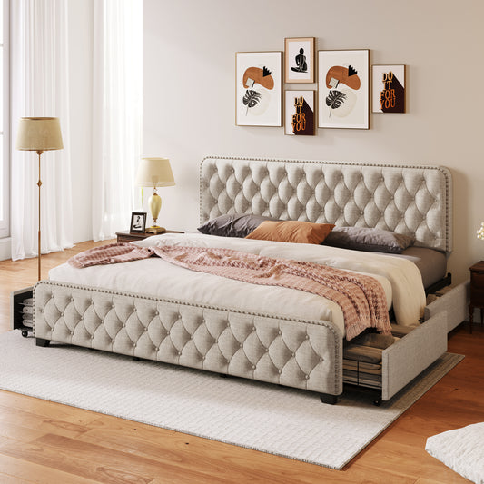 Upholstered Platform Bed Frame with Four Drawers, Button Tufted, Beige, King