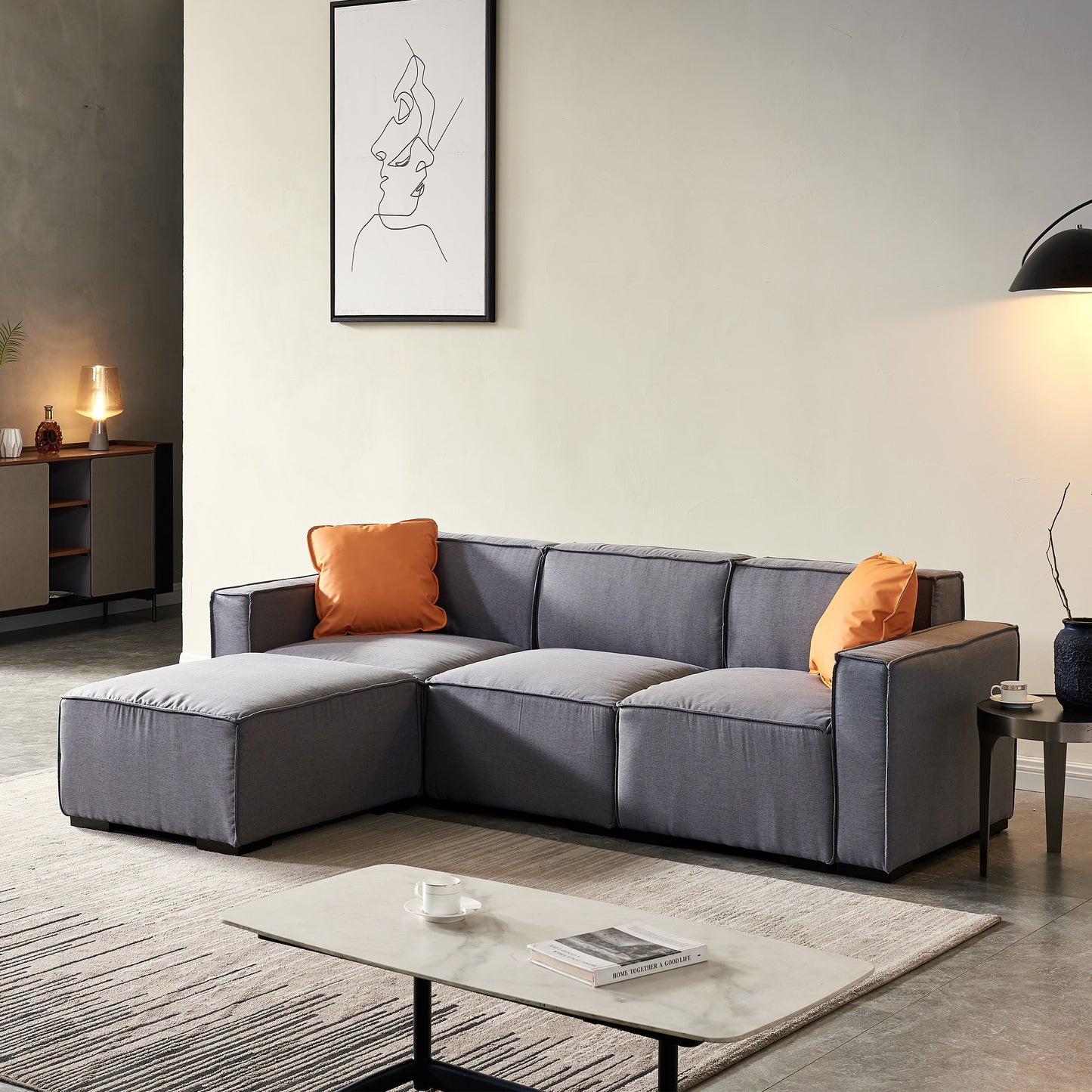 Kently Modular Sofa L Shape with Convertible Ottoman Chaise(Grey)