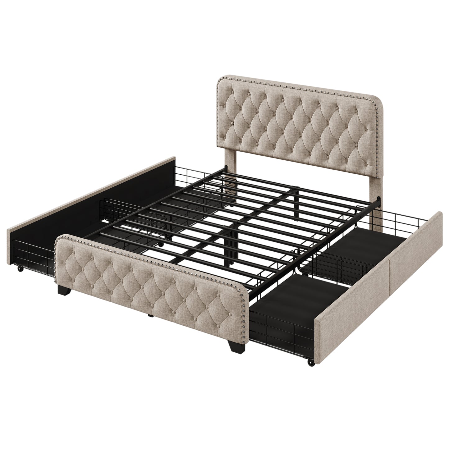 Upholstered Platform Bed Frame with Four Drawers Beige, Full