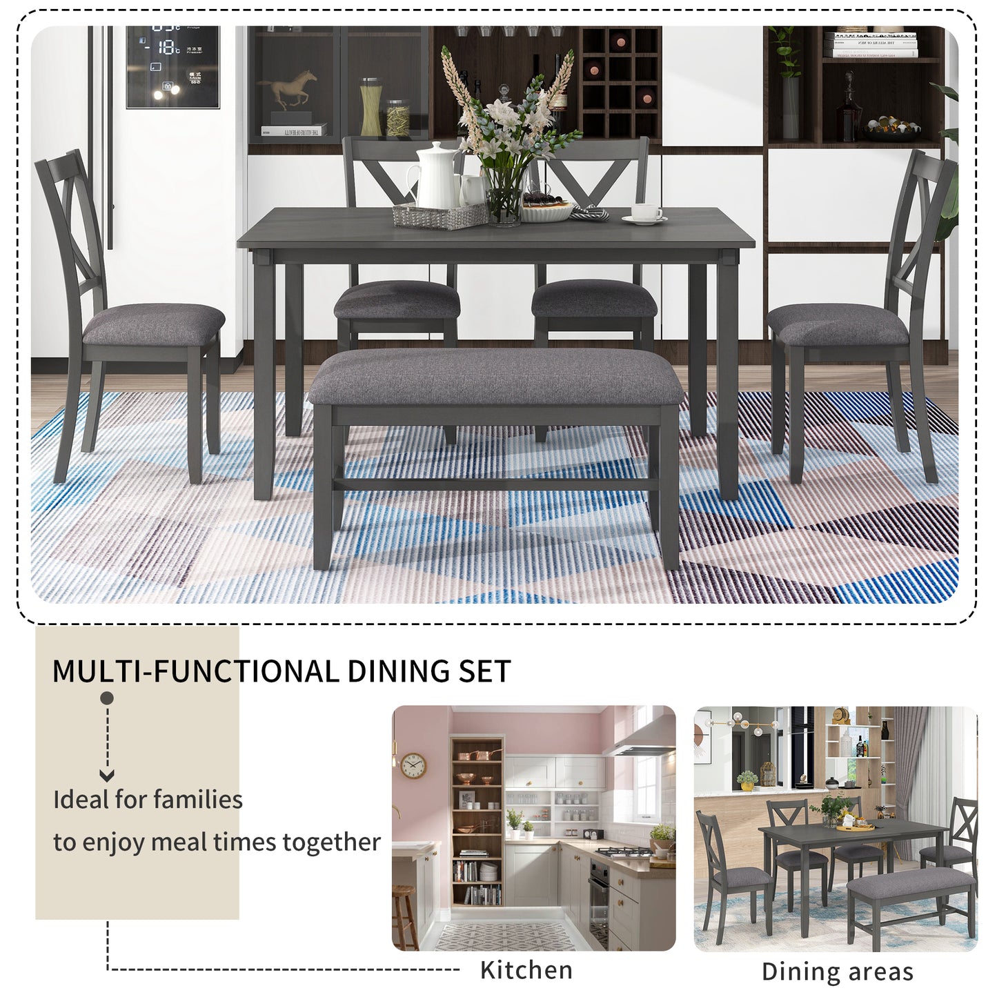 TREX 6-Piece Kitchen Dining Table Set Wooden Rectangular Dining Table