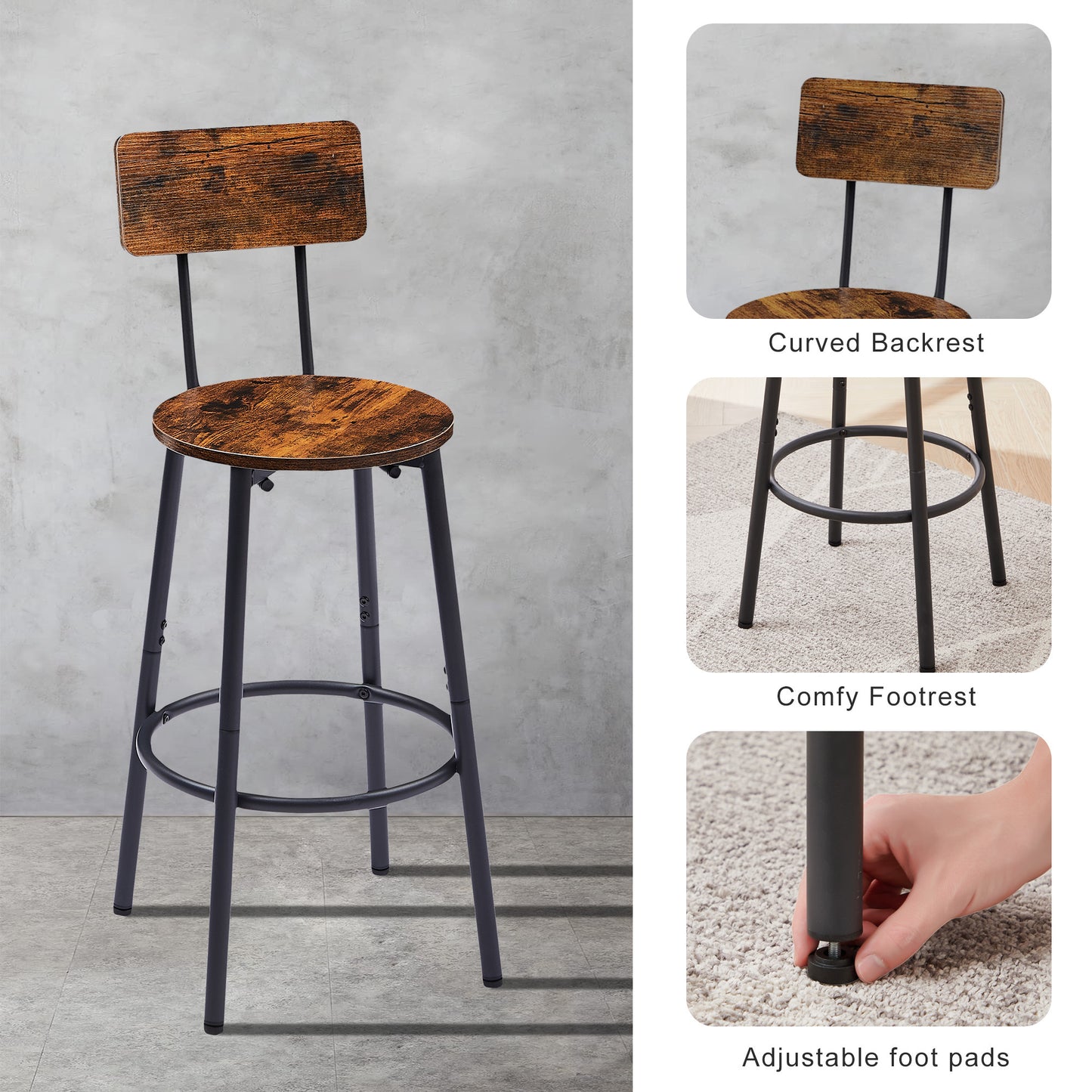 Round Bar Stool Set with Shelf - Rustic Brown