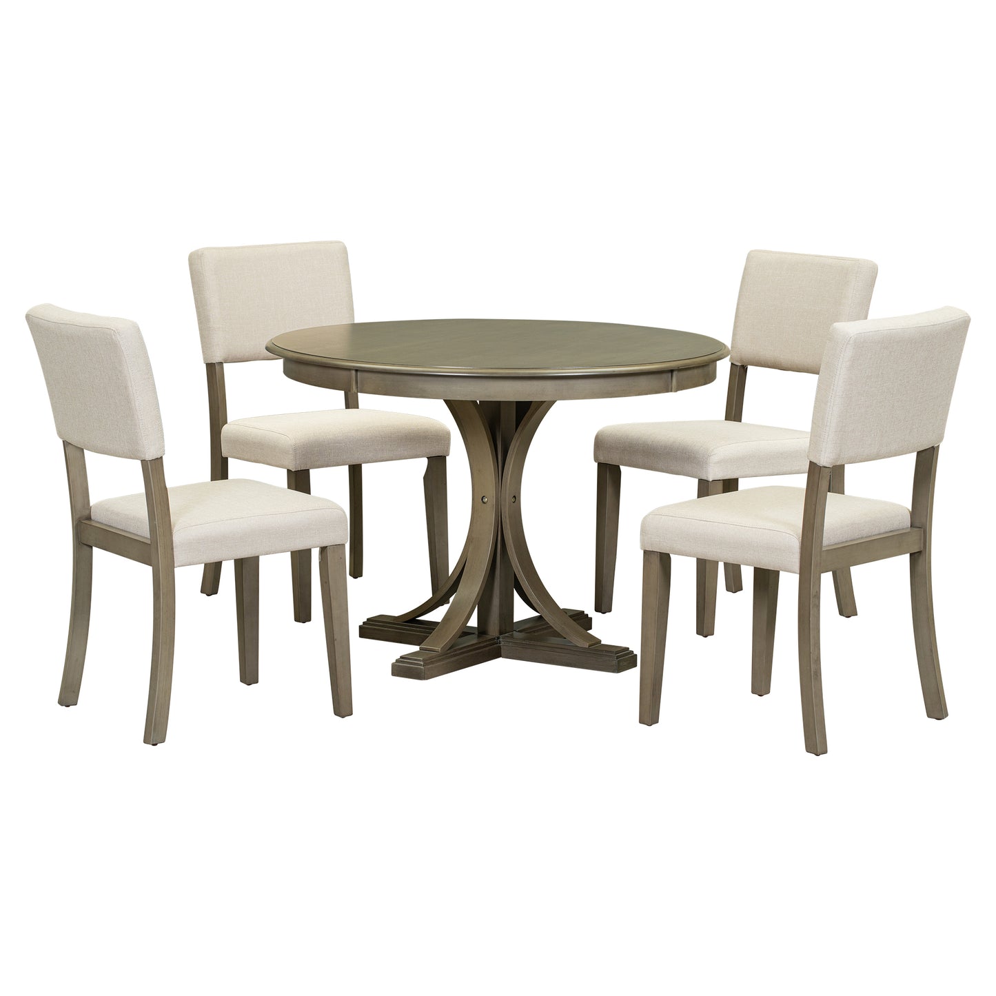 TREXM 5-Piece Retro Round Dining Table Set with Curved Trestle Style Table Legs and 4 Upholstered Chairs (Taupe)