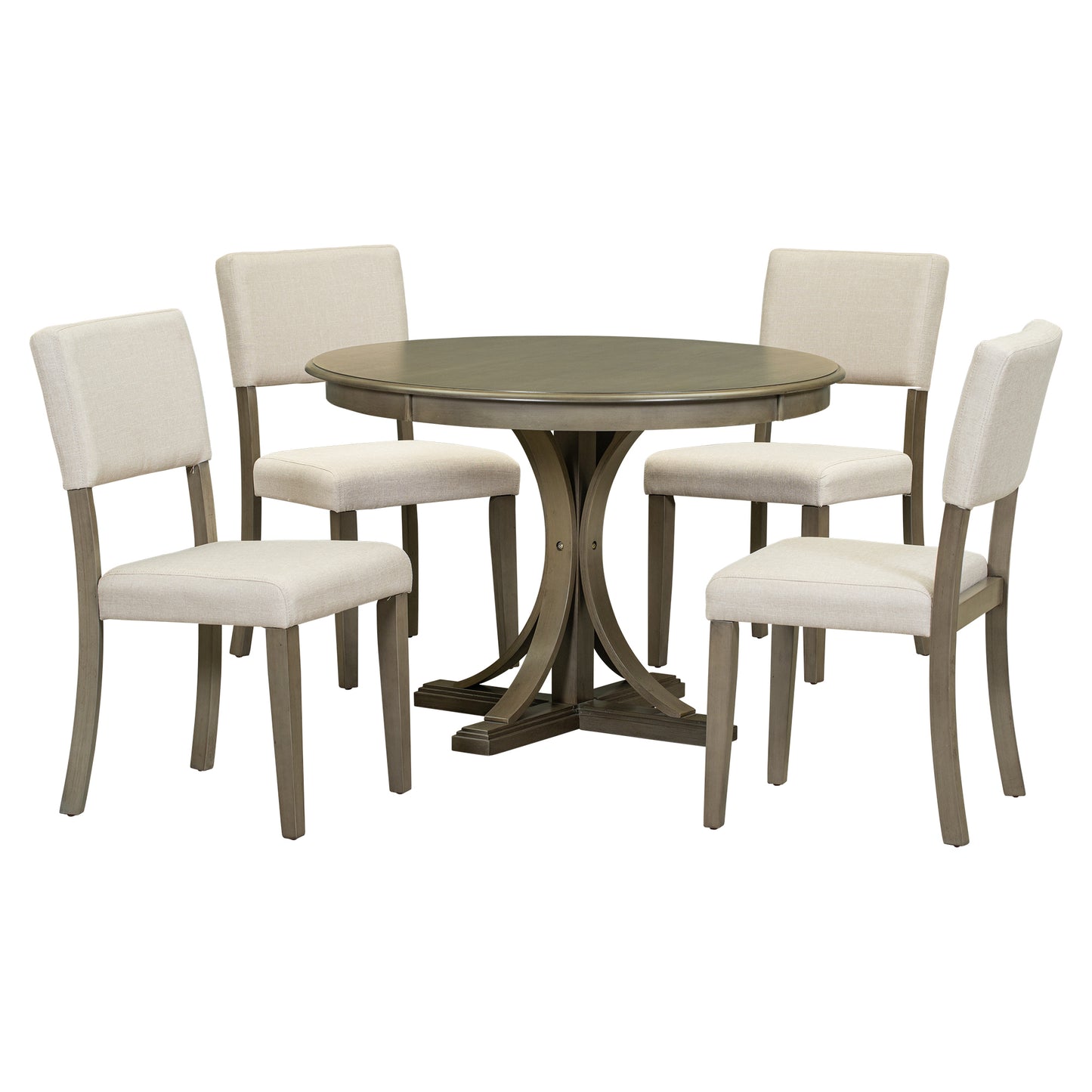 TREXM 5-Piece Retro Round Dining Table Set with Curved Trestle Style Table Legs and 4 Upholstered Chairs (Taupe)