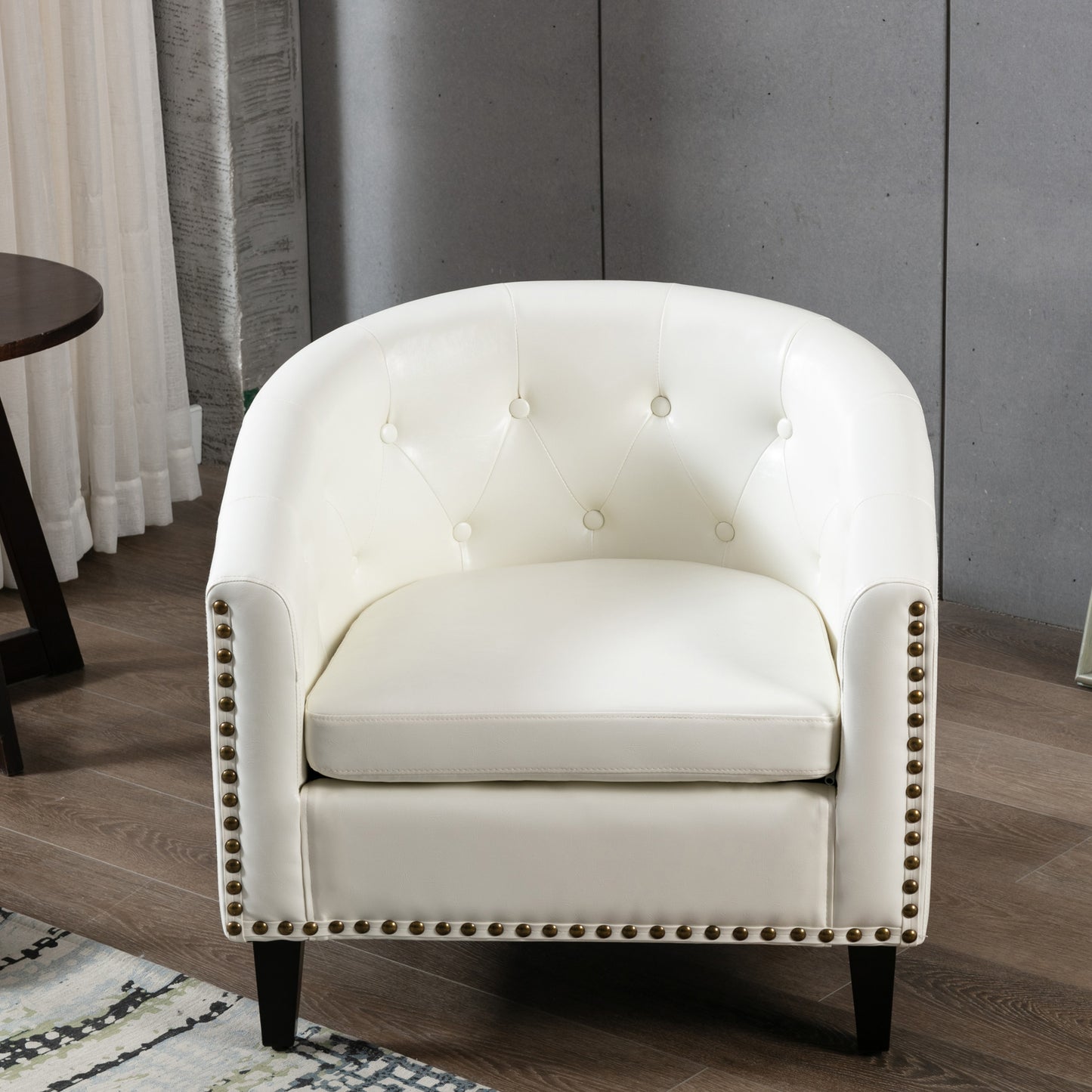 Modern White Nailhead Trim PU Leather Tufted Barrel Accent Chair