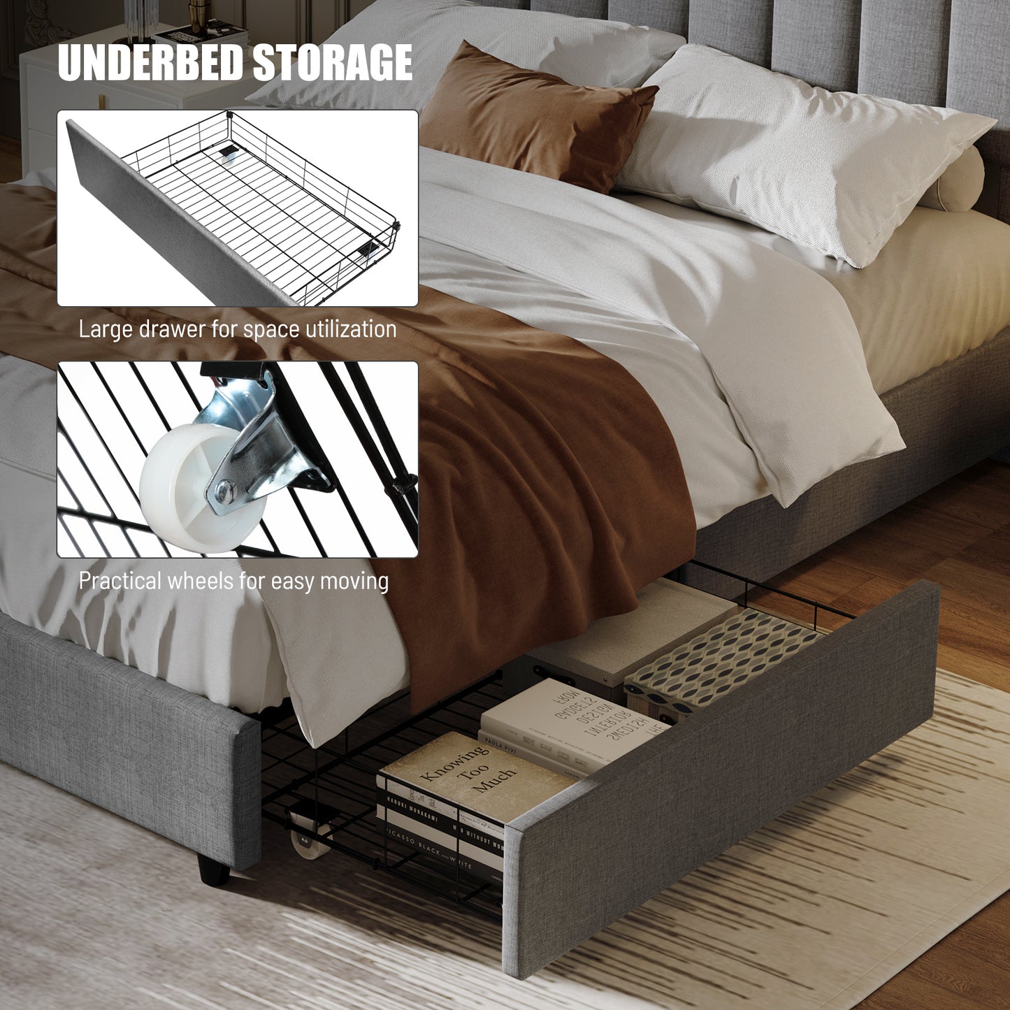 Queen Size Storage Upholstered Platform Bed Linen -Grey