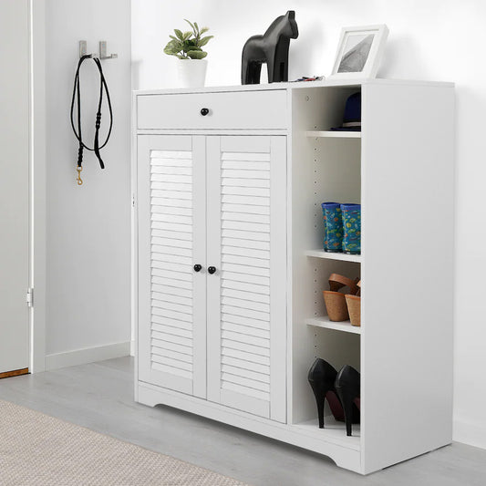 Freestanding Shoe Rack Organizer with 2 Shutter Door, Entryway Narrow Shoe Storage with Adjustable Storage Shelf &Top Drawer, Modern Slim Shoe Cabinet, White