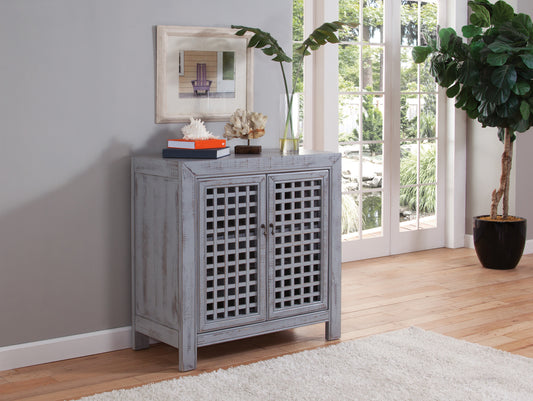 Farmhouse Inspired Accent Cabinet - Lattice Work Front, Distressed Grey Finish