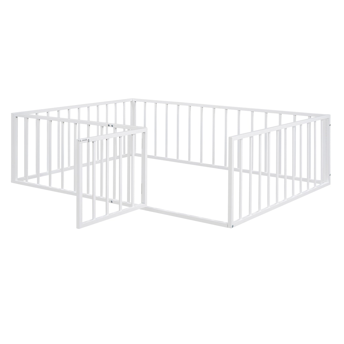 Full Size Metal Floor Bed Frame with Fence and Door, White