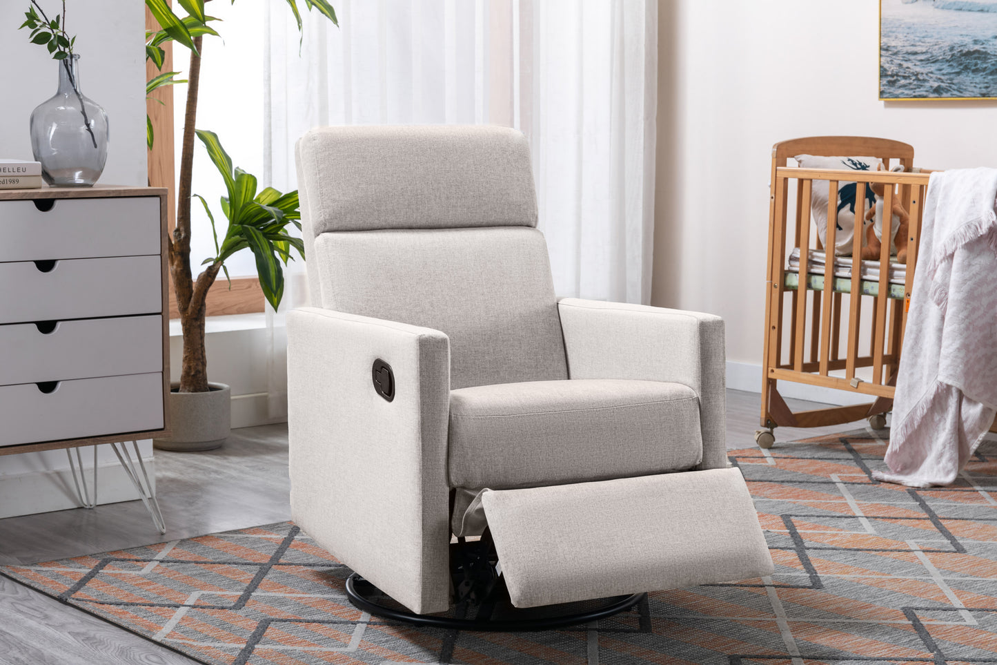 Upholstered Nursery Rocker Glider Swivel Recliner Chair, Tan