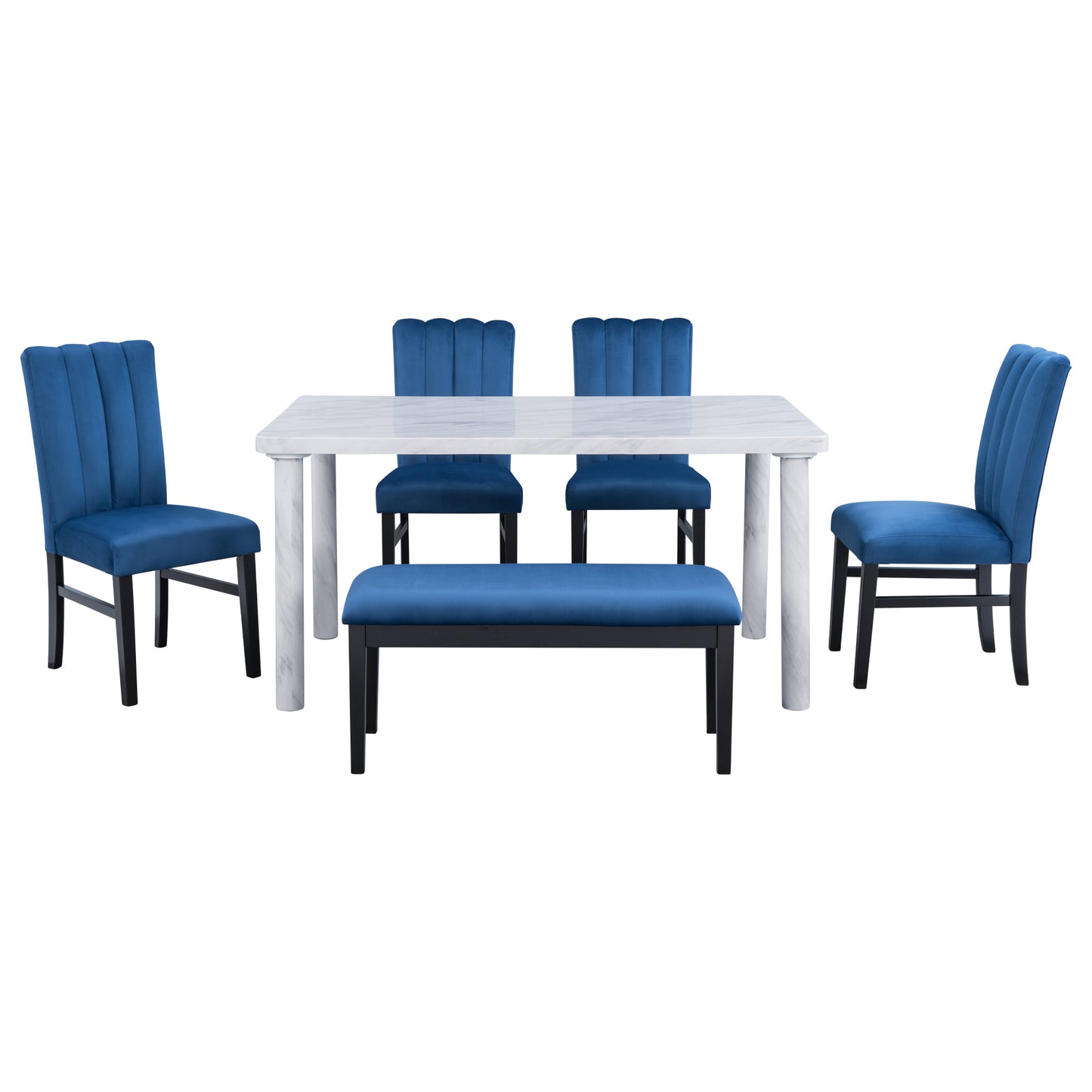 6-Piece Dining Table Set with Marble Veneer (White+Blue)