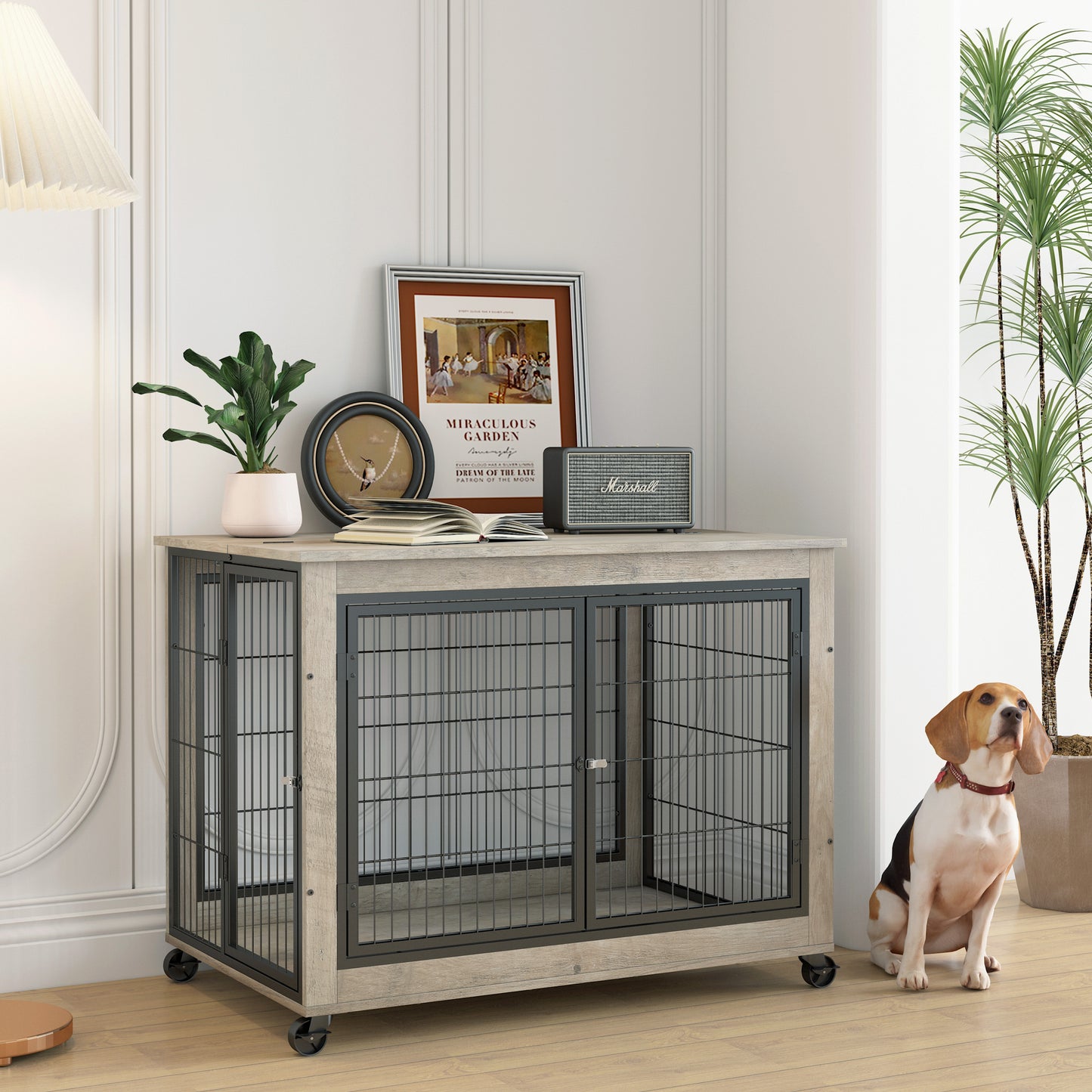 Furniture Style Dog Crate Side Table on Wheels with Double Doors and Lift Top.（Grey,38.58’’w x 25.5’’d x 27.36’’h）