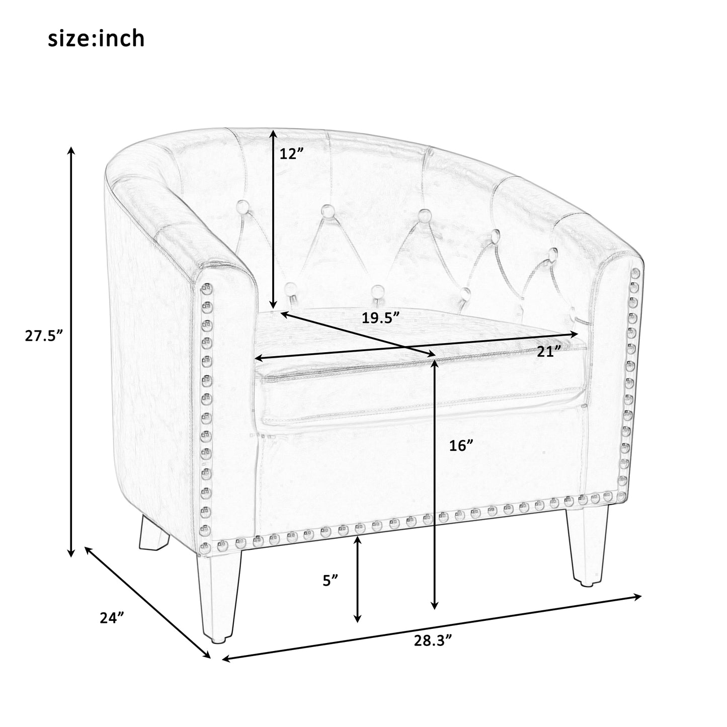 Modern White Nailhead Trim PU Leather Tufted Barrel Accent Chair