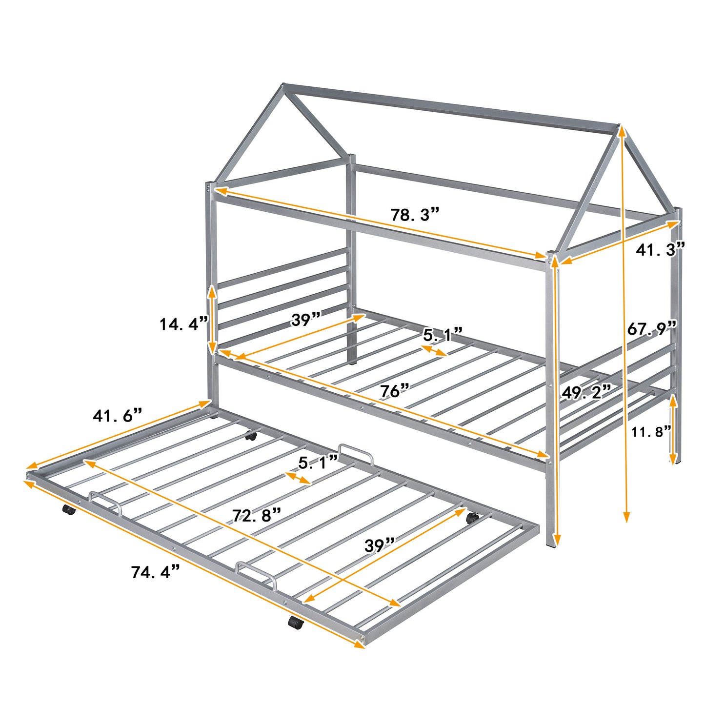 Twin Size Metal House  Platform Bed with Trundle,-Silver