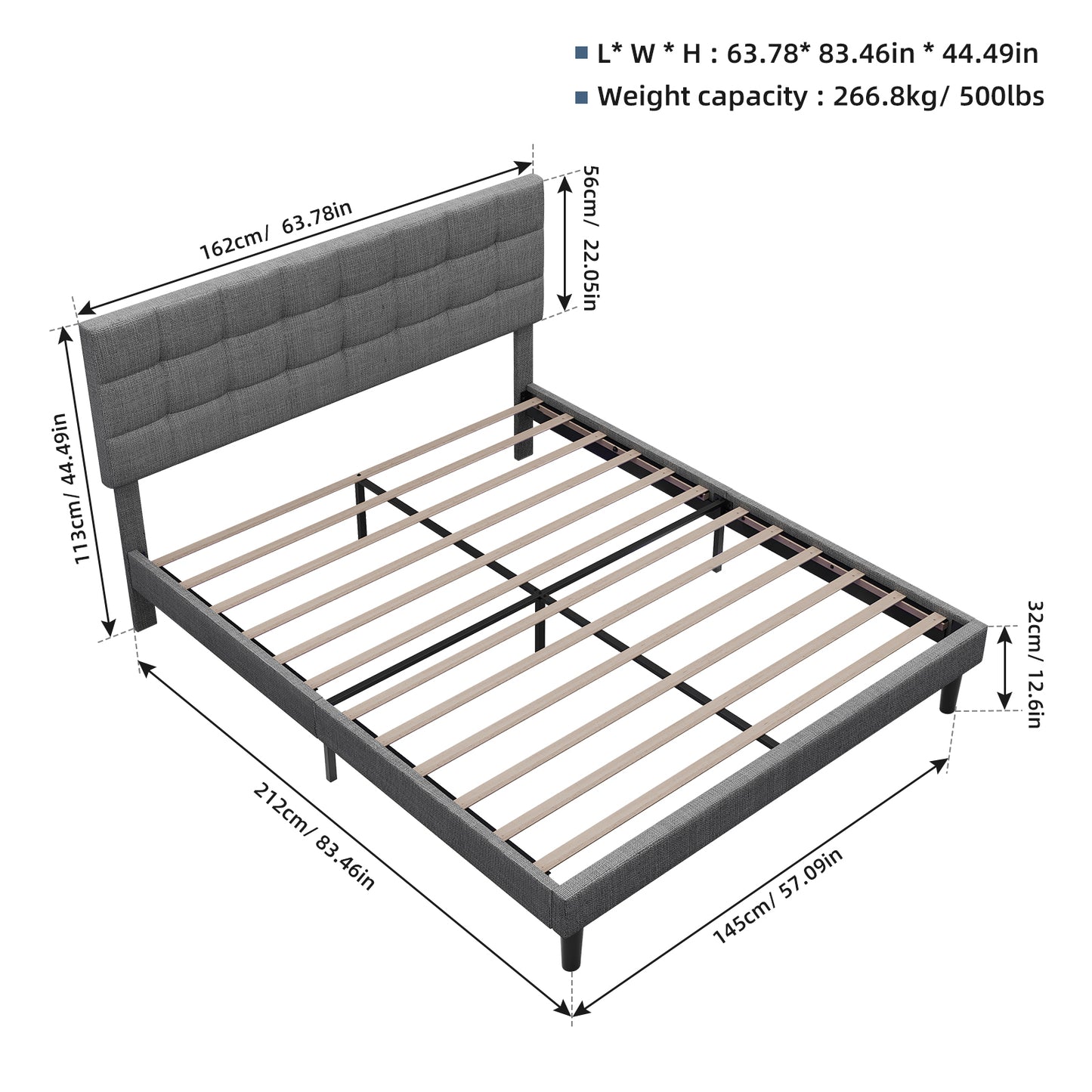 Queen Size LED Upholstered Platform Bed Linen- Grey