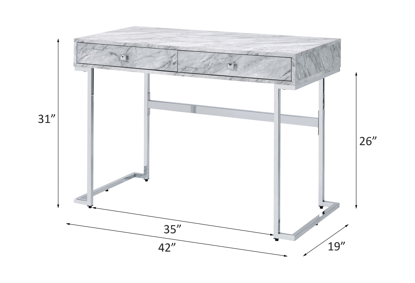 ACME Tigress Writing Desk, White Printed Faux Marble & Chrome